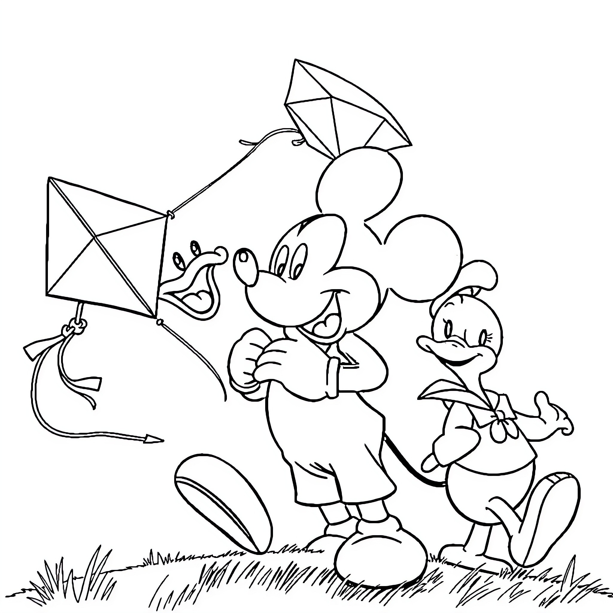 Mickey Mouse and friends flying kites outdoors Coloring Page (free black-and-white line drawing printable PDF for all, from beginners to advanced learners, including children, teens, adults, and seniors)
