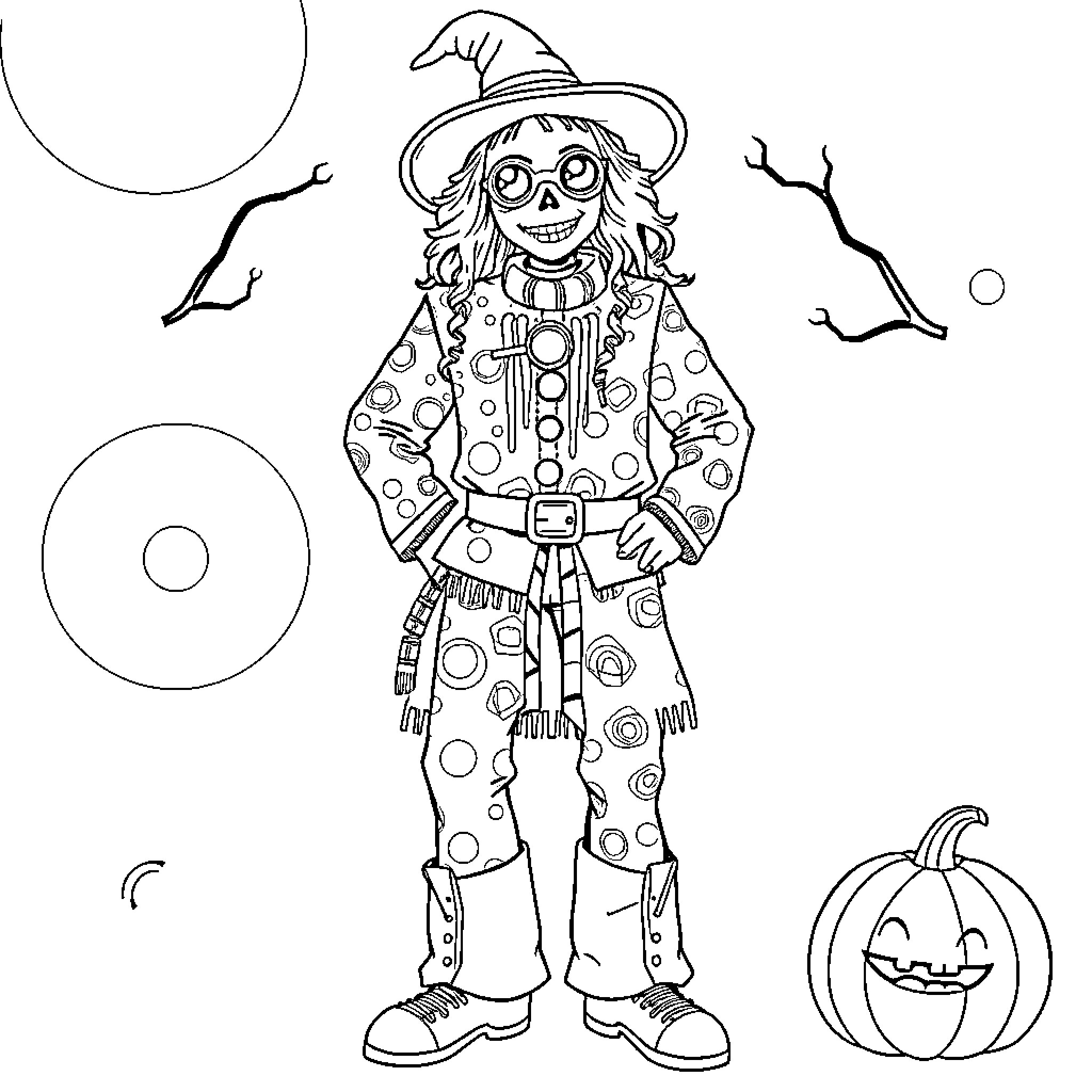 Halloween Costume: Whimsical Polka Dot Character Coloring Page (free black-and-white line drawing printable PDF for all, from beginners to advanced learners, including children, teens, adults, and seniors)
