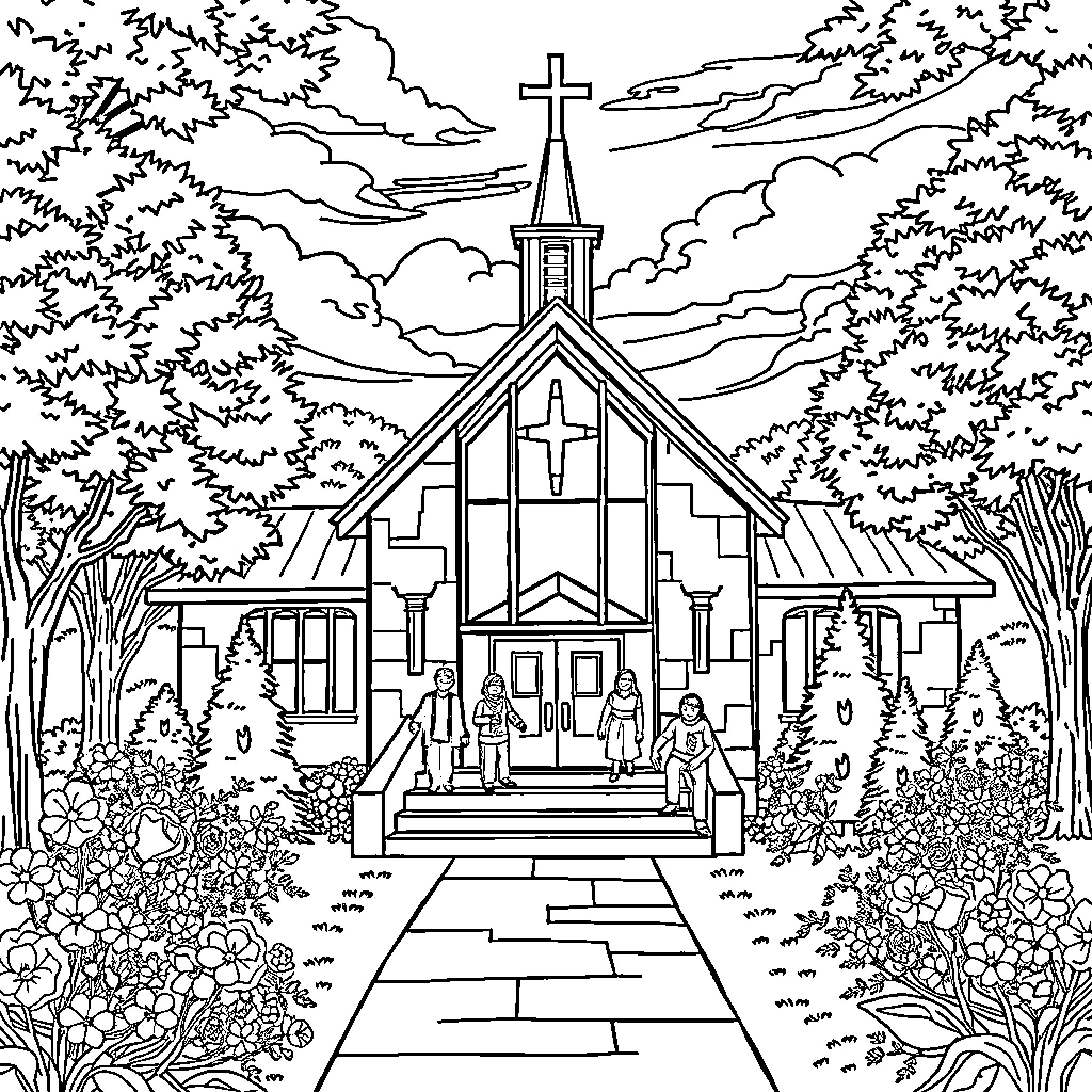 Church gathering under the cloudy sky Coloring Page (free black-and-white line drawing printable PDF for all, from beginners to advanced learners, including children, teens, adults, and seniors)