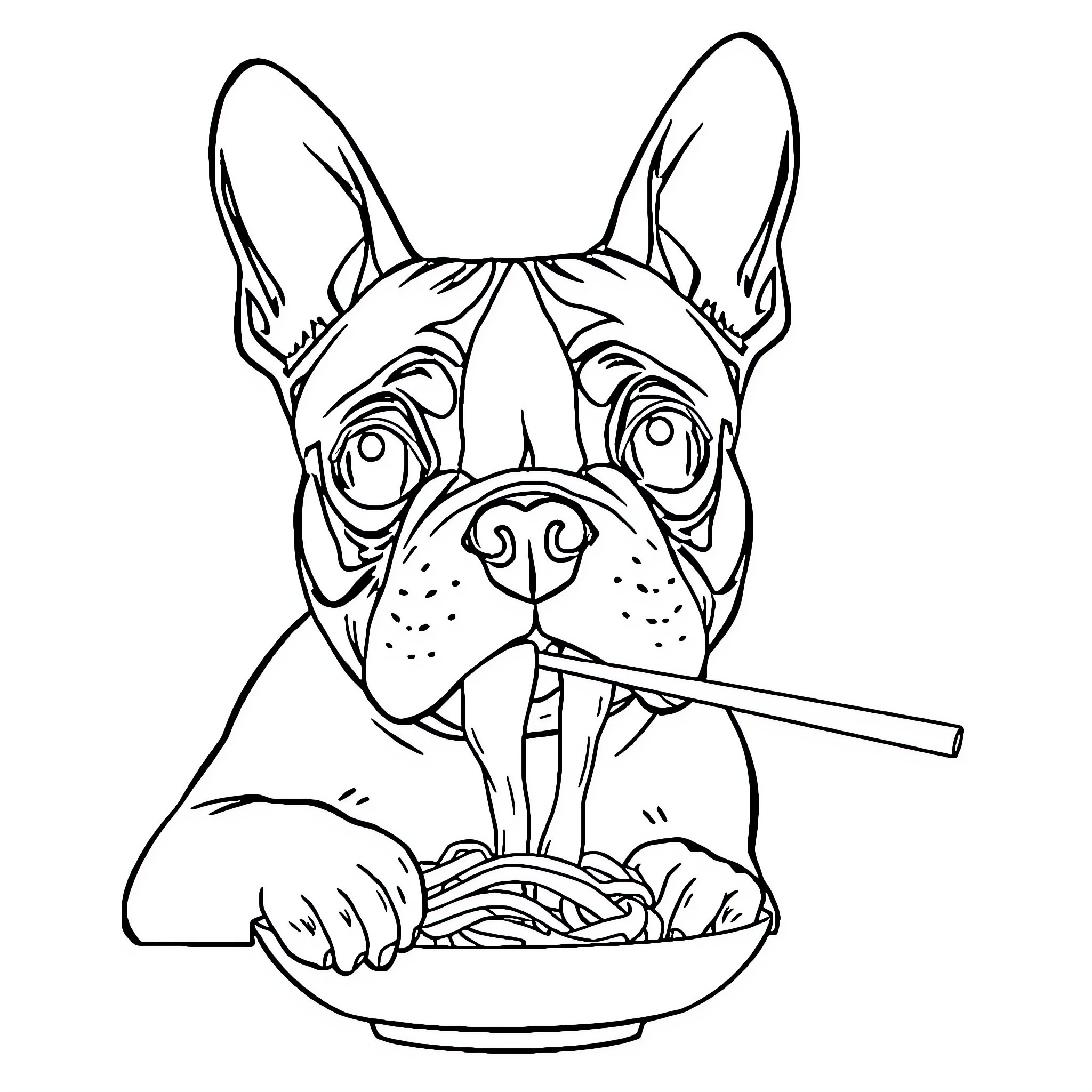 Boston Terrier eagerly enjoying a meal Coloring Page (free black-and-white line drawing printable PDF for all, from beginners to advanced learners, including children, teens, adults, and seniors)