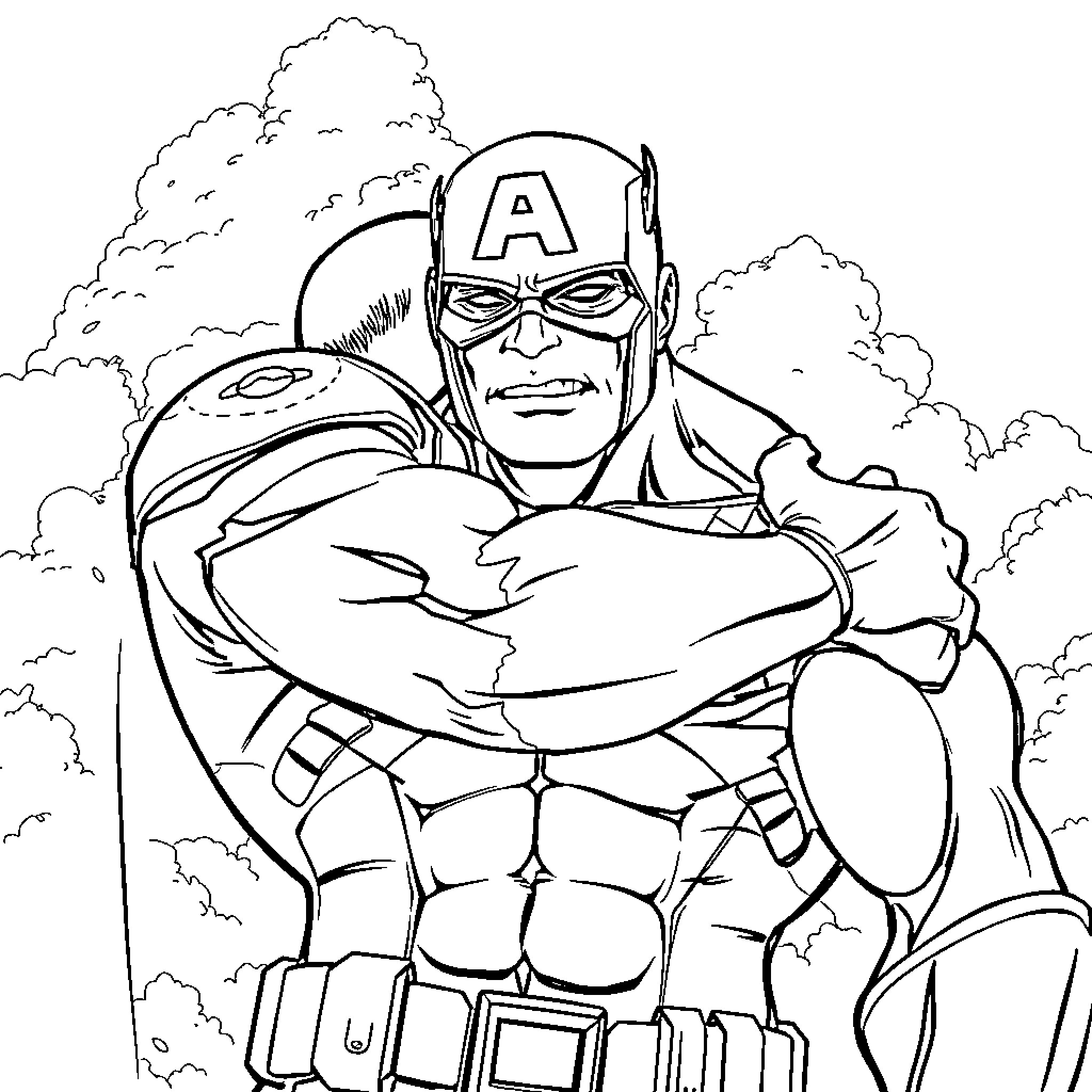 Captain America's heroic stance in action Coloring Page (free black-and-white line drawing printable PDF for all, from beginners to advanced learners, including children, teens, adults, and seniors)
