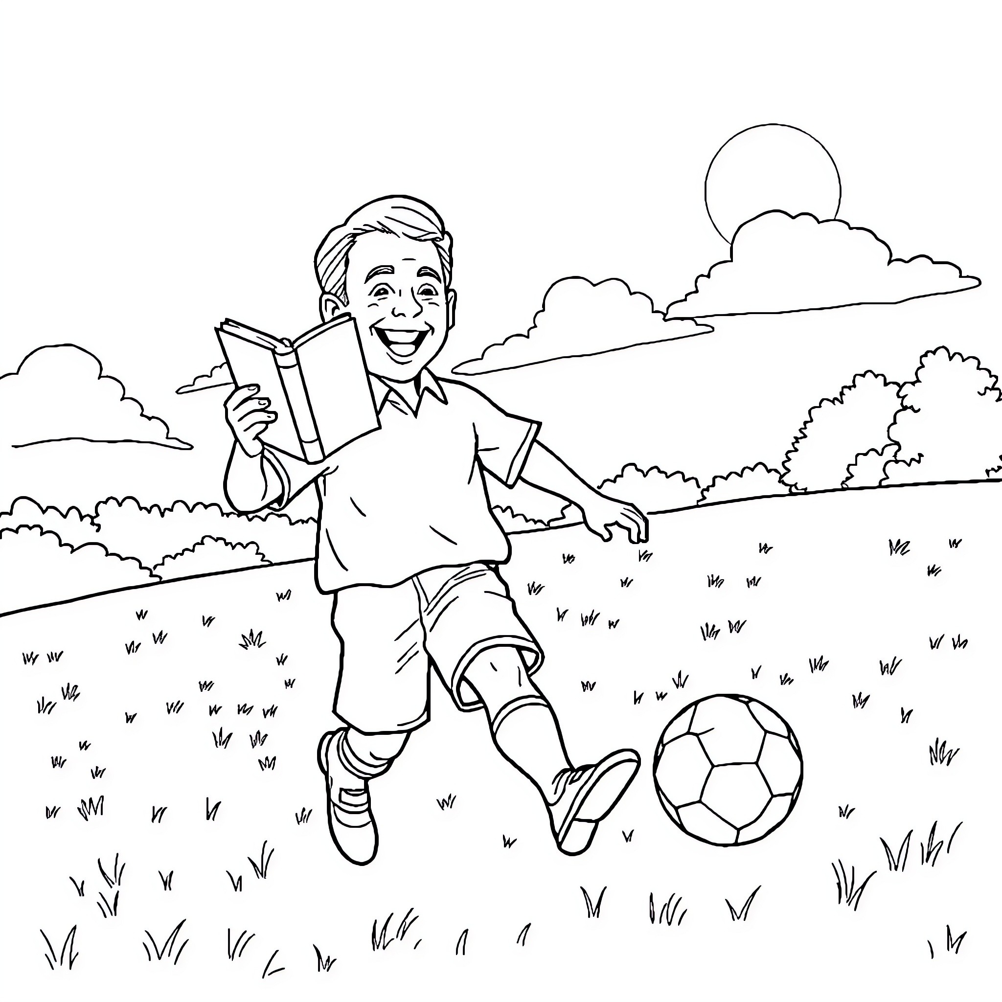 Thomas S. Monson enjoying a day outdoors with a book and soccer ball Coloring Page (free black-and-white line drawing printable PDF for all, from beginners to advanced learners, including children, teens, adults, and seniors)