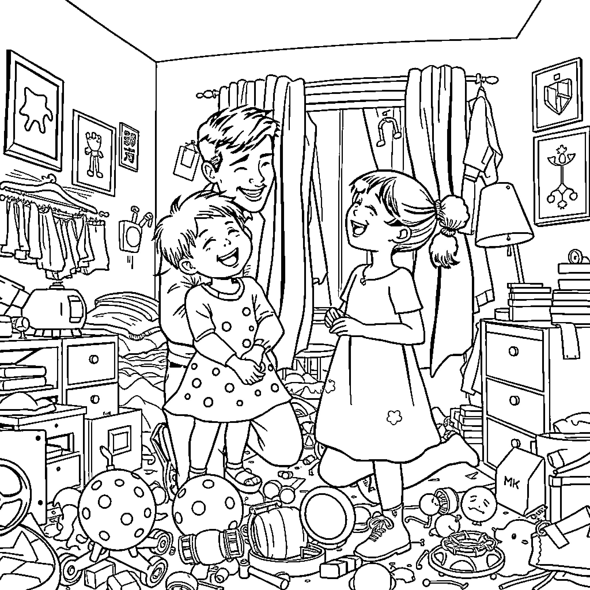 Dad and daughters enjoy playtime in messy room Coloring Page (free black-and-white line drawing printable PDF for all, from beginners to advanced learners, including children, teens, adults, and seniors)
