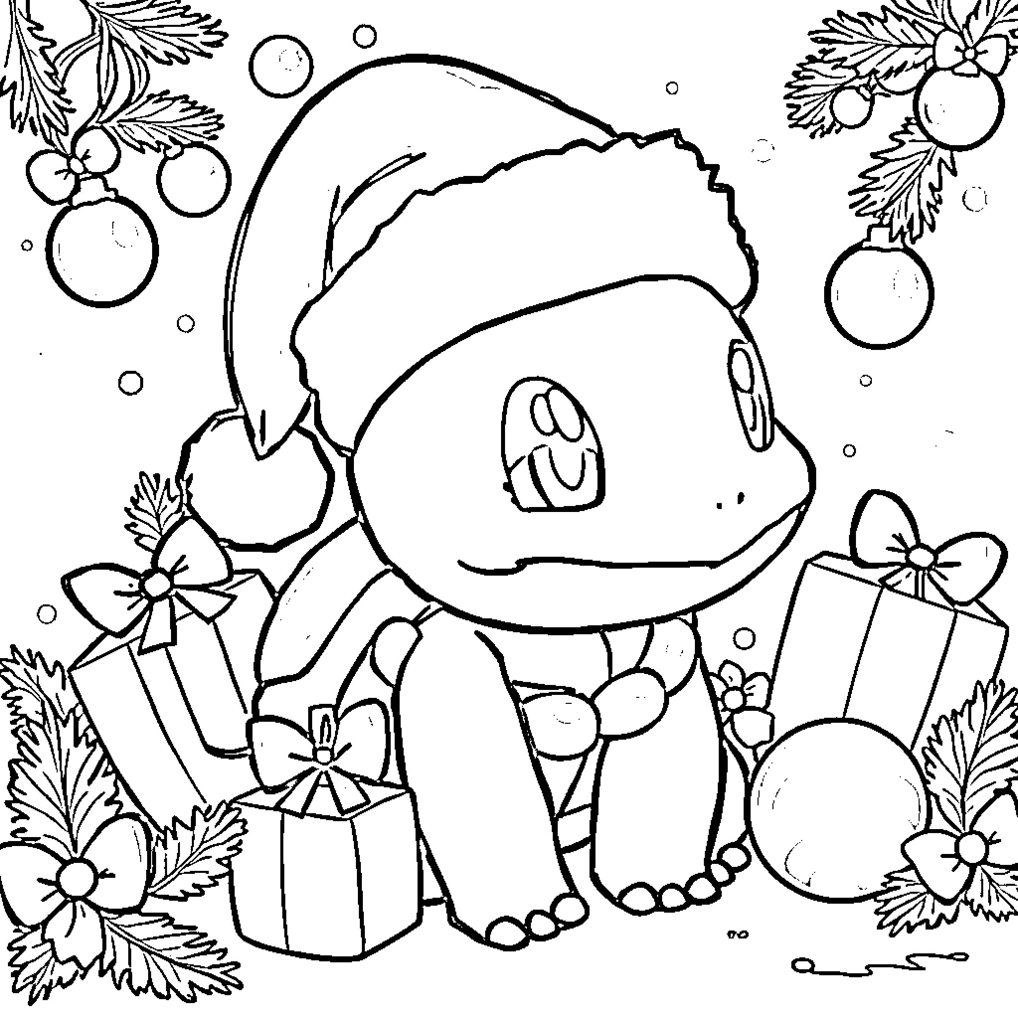 Squirtle celebrating with gifts and holiday decorations Coloring Page (free black-and-white line drawing printable PDF for all, from beginners to advanced learners, including children, teens, adults, and seniors)