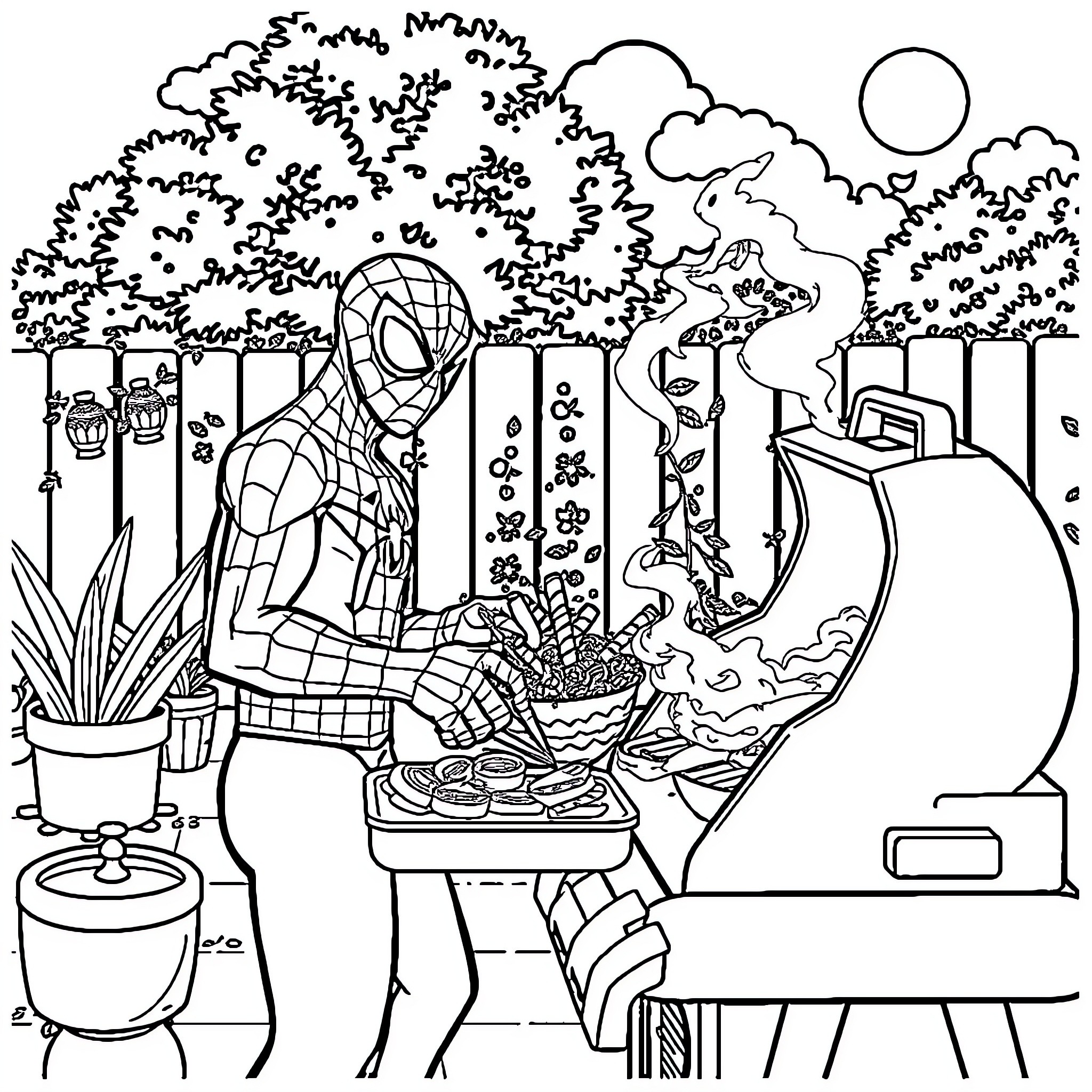 Spiderman preparing a meal in a domestic setting Coloring Page (free black-and-white line drawing printable PDF for all, from beginners to advanced learners, including children, teens, adults, and seniors)