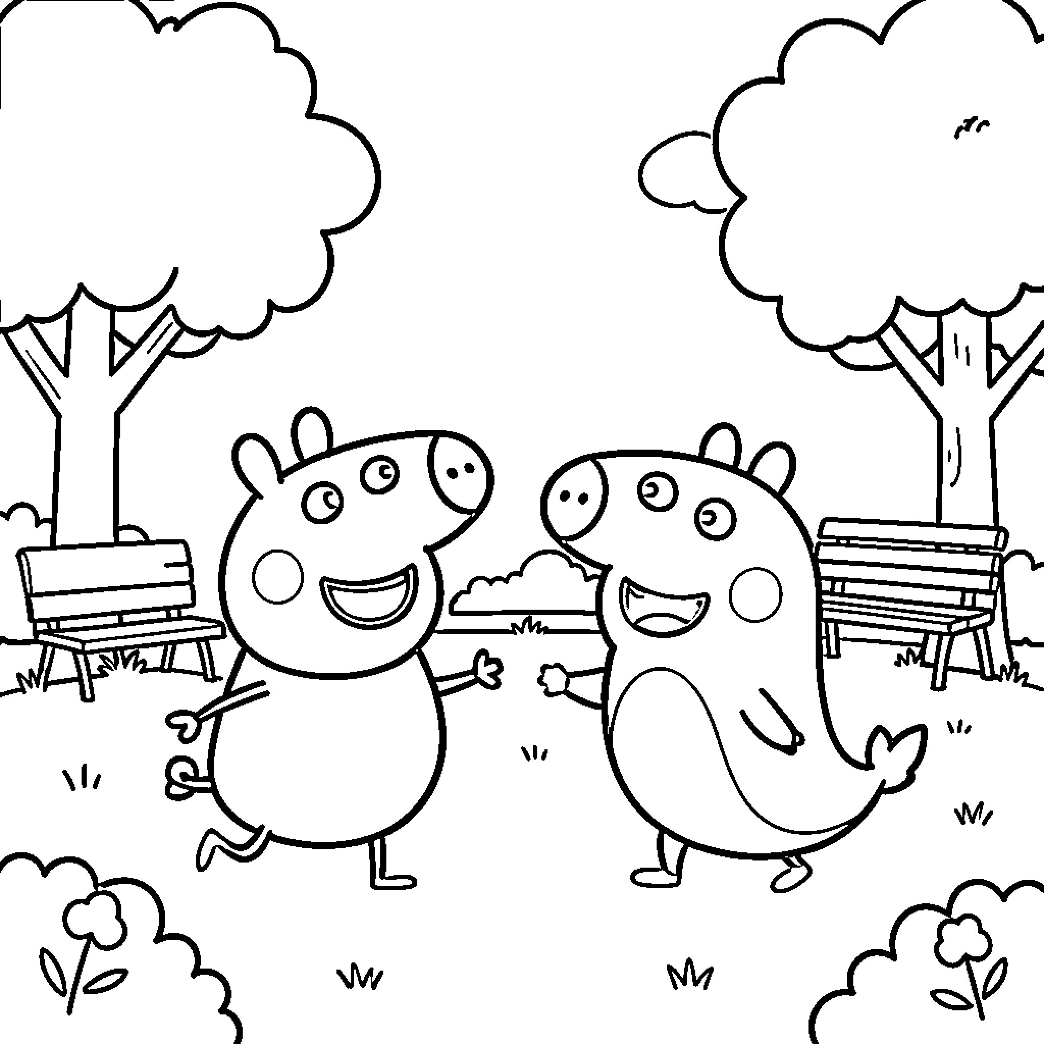 Peppa Pig and George playing happily in the park Coloring Page (free black-and-white line drawing printable PDF for all, from beginners to advanced learners, including children, teens, adults, and seniors)