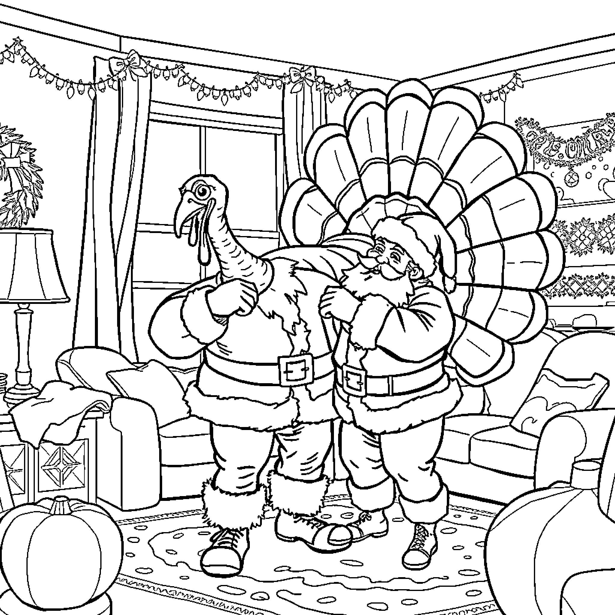 Turkey family decorating for Thanksgiving Coloring Page (free black-and-white line drawing printable PDF for all, from beginners to advanced learners, including children, teens, adults, and seniors)