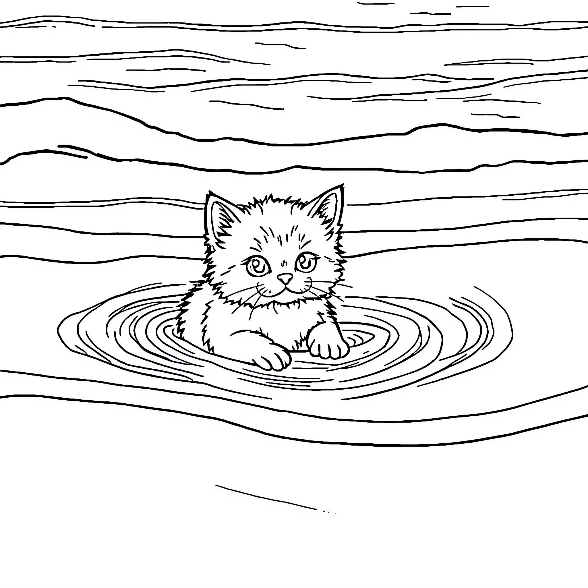 Cat playing in water ripples Coloring Page (free black-and-white line drawing printable PDF for all, from beginners to advanced learners, including children, teens, adults, and seniors)