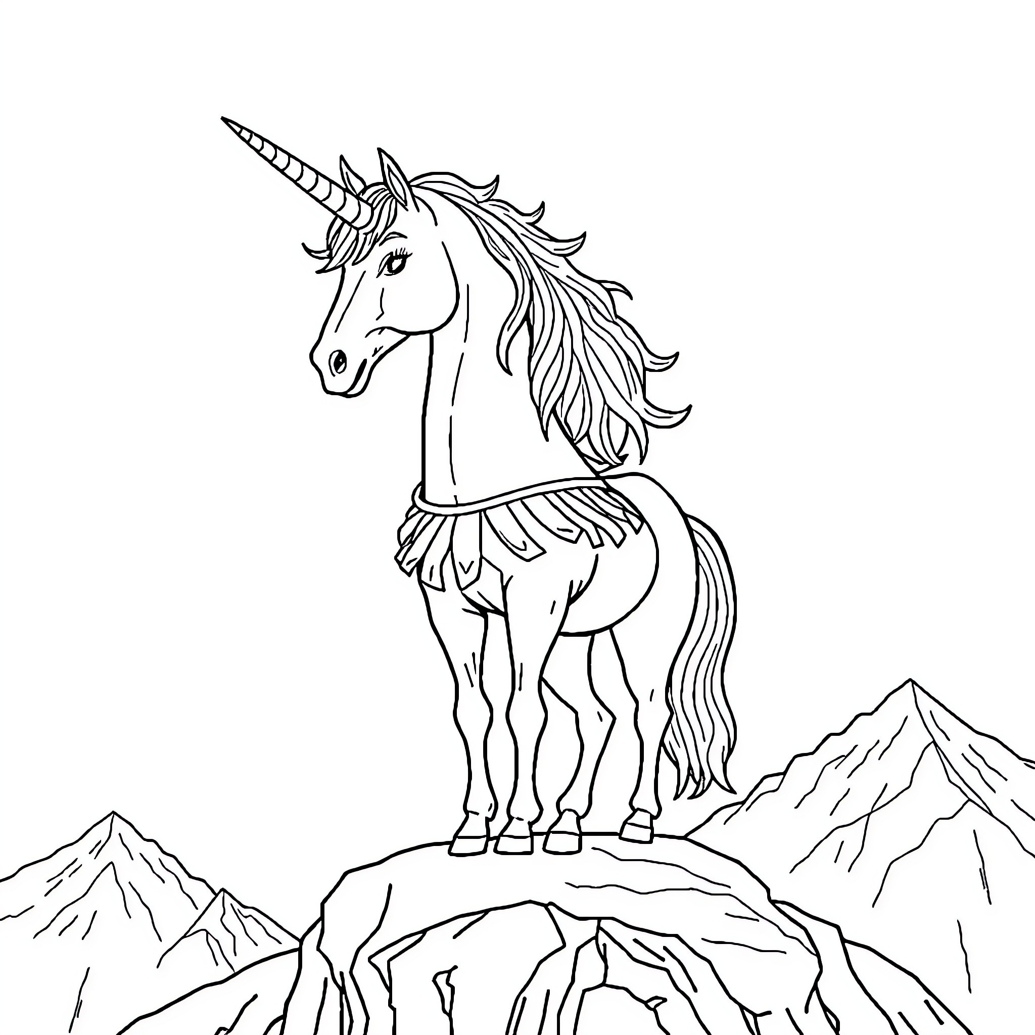 Unicorn standing majestically on a mountain peak Coloring Page (free black-and-white line drawing printable PDF for all, from beginners to advanced learners, including children, teens, adults, and seniors)