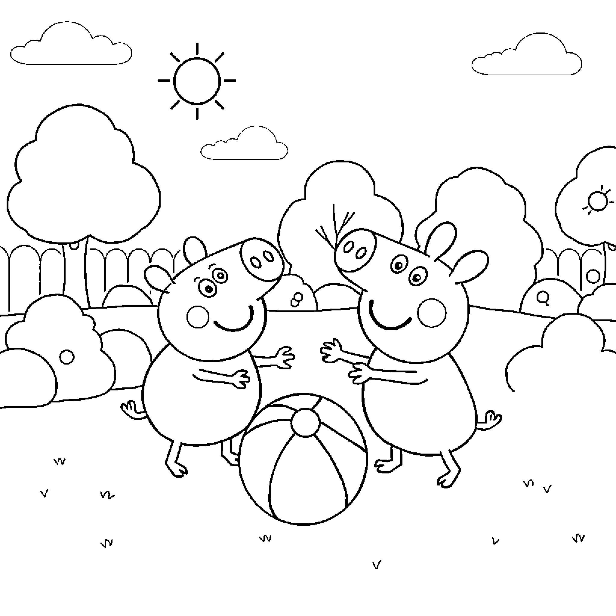 Pig friends playing with ball in the park Coloring Page (free black-and-white line drawing printable PDF for all, from beginners to advanced learners, including children, teens, adults, and seniors)