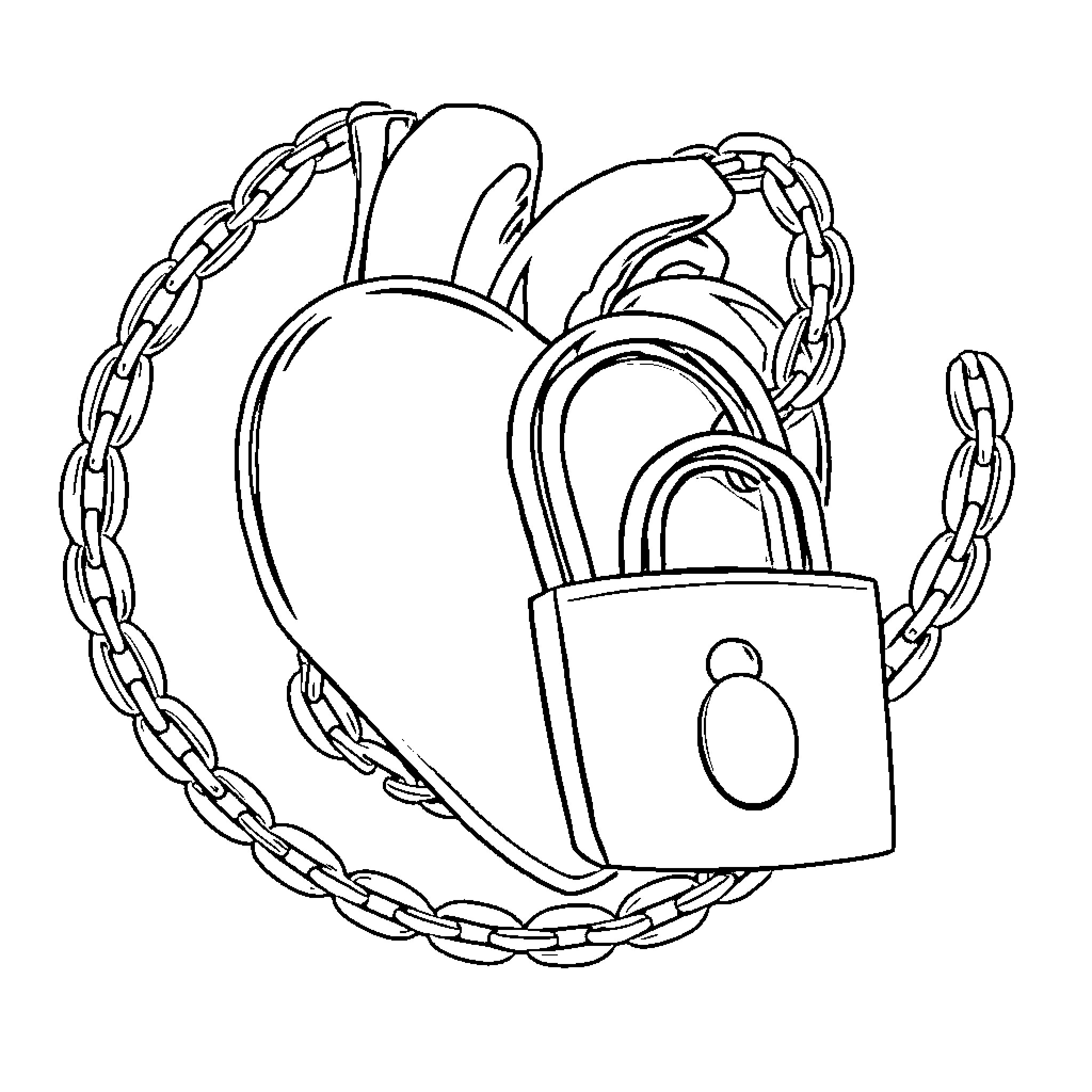 Heart locked in protective chains Coloring Page (free black-and-white line drawing printable PDF for all, from beginners to advanced learners, including children, teens, adults, and seniors)