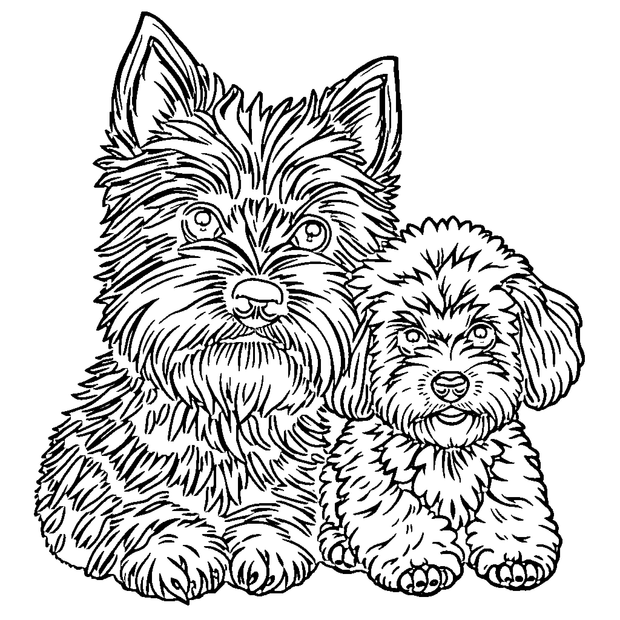 Dog Friends Spending Time Together Coloring Page (free black-and-white line drawing printable PDF for all, from beginners to advanced learners, including children, teens, adults, and seniors)