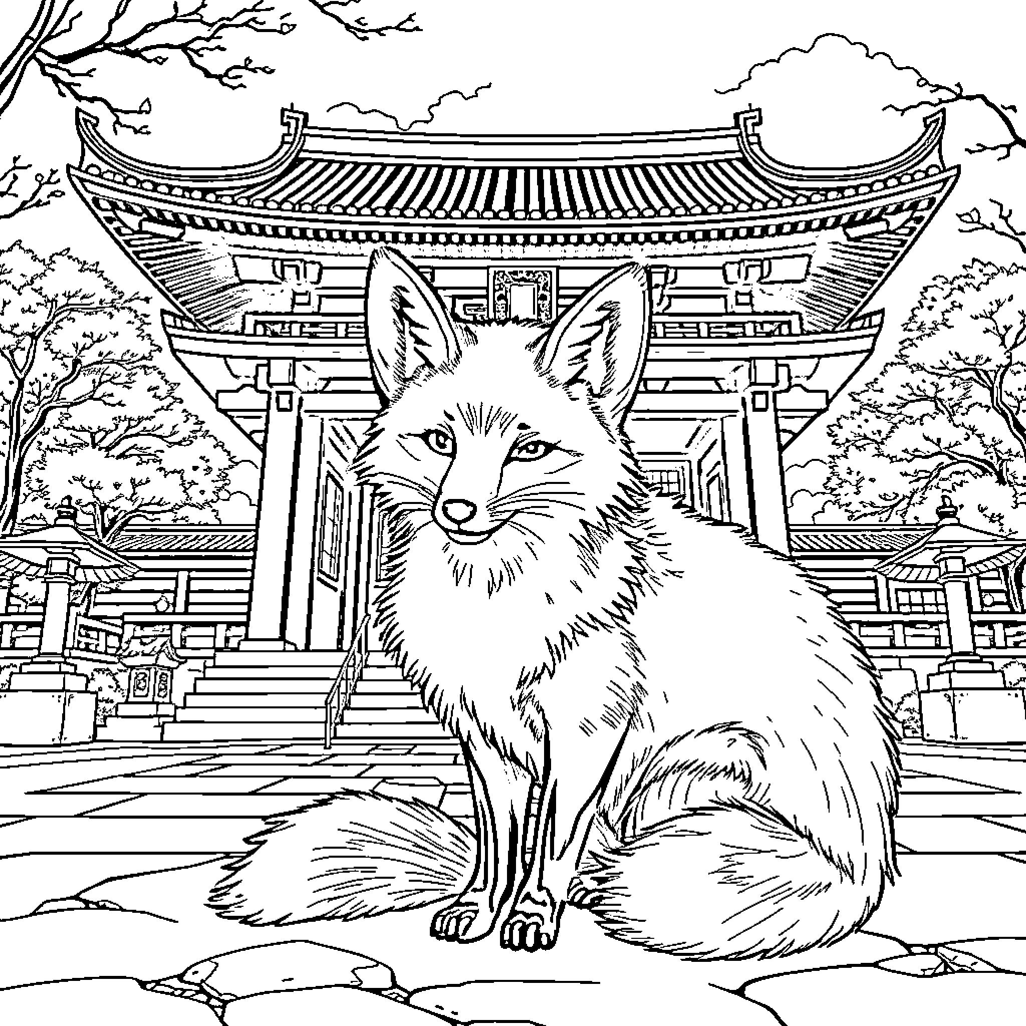 Fox in front of traditional Japanese temple Coloring Page (free black-and-white line drawing printable PDF for all, from beginners to advanced learners, including children, teens, adults, and seniors)