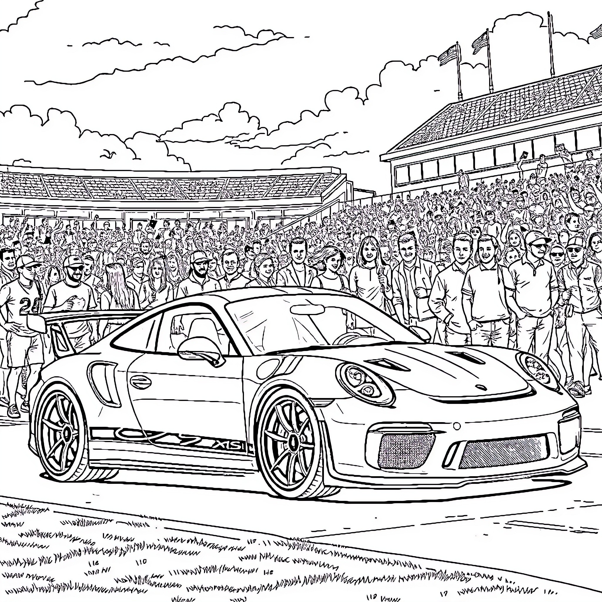Porsche sports car at a crowded racing event Coloring Page (free black-and-white line drawing printable PDF for all, from beginners to advanced learners, including children, teens, adults, and seniors)