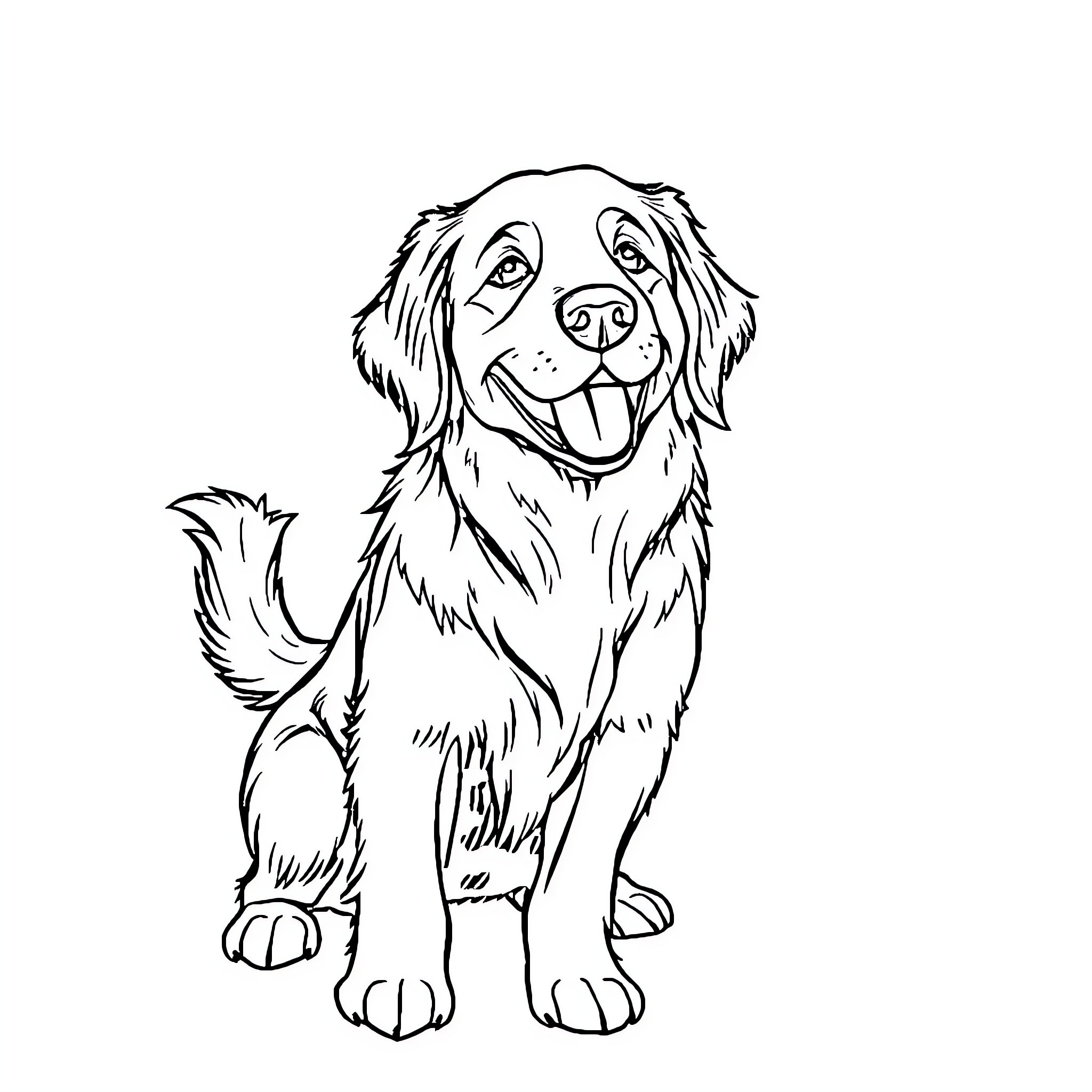 Golden Retriever sitting happily Coloring Page (free black-and-white line drawing printable PDF for all, from beginners to advanced learners, including children, teens, adults, and seniors)