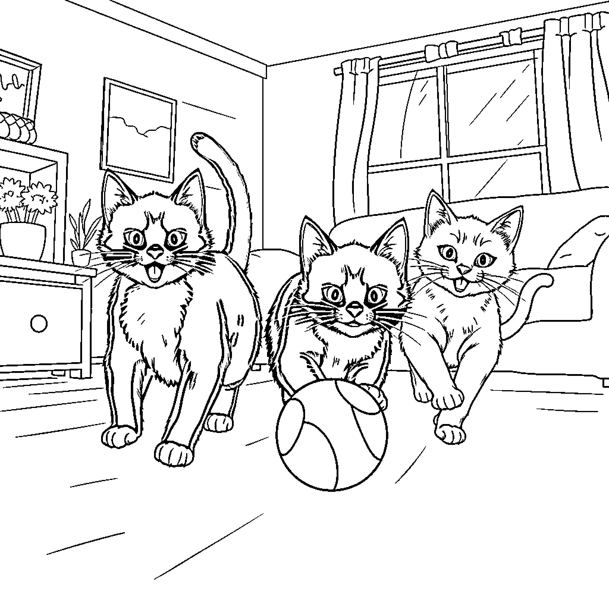 Cat Companions Explore Cozy Home Coloring Page (free black-and-white line drawing printable PDF for all, from beginners to advanced learners, including children, teens, adults, and seniors)