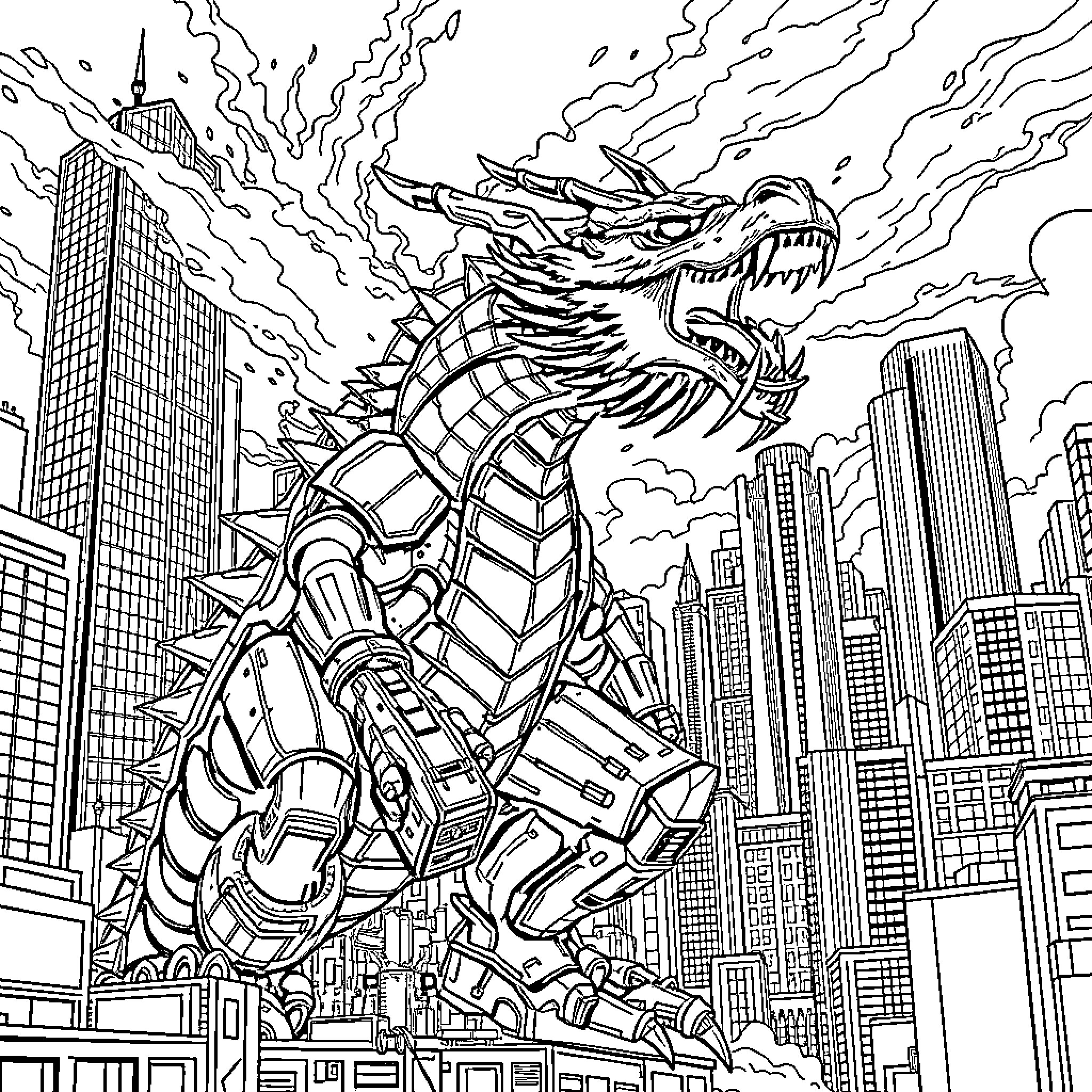 Dragon attacking a futuristic city Coloring Page (free black-and-white line drawing printable PDF for all, from beginners to advanced learners, including children, teens, adults, and seniors)