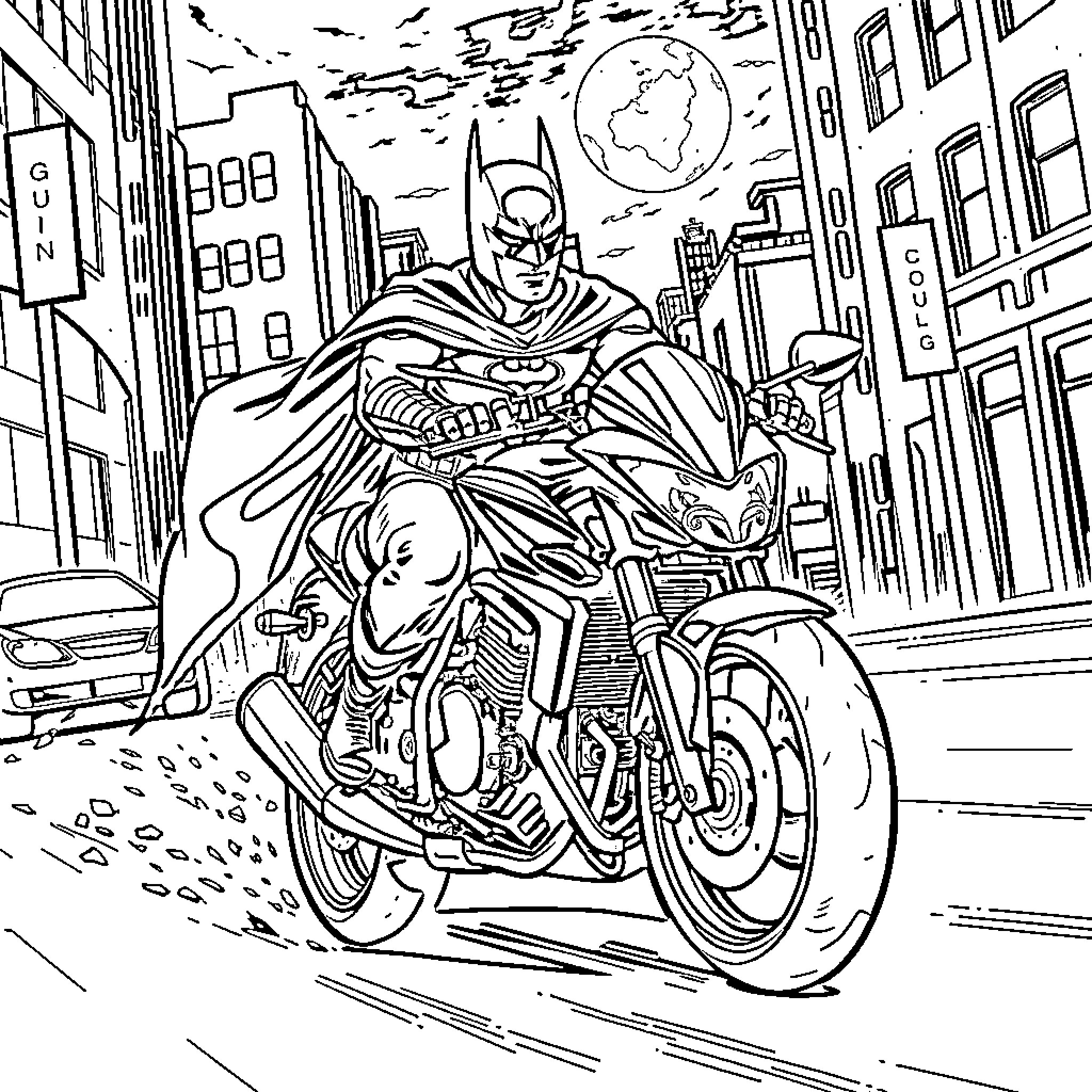 Suzuki Katana Motorcycle Adventure in the City Coloring Page (free black-and-white line drawing printable PDF for all, from beginners to advanced learners, including children, teens, adults, and seniors)