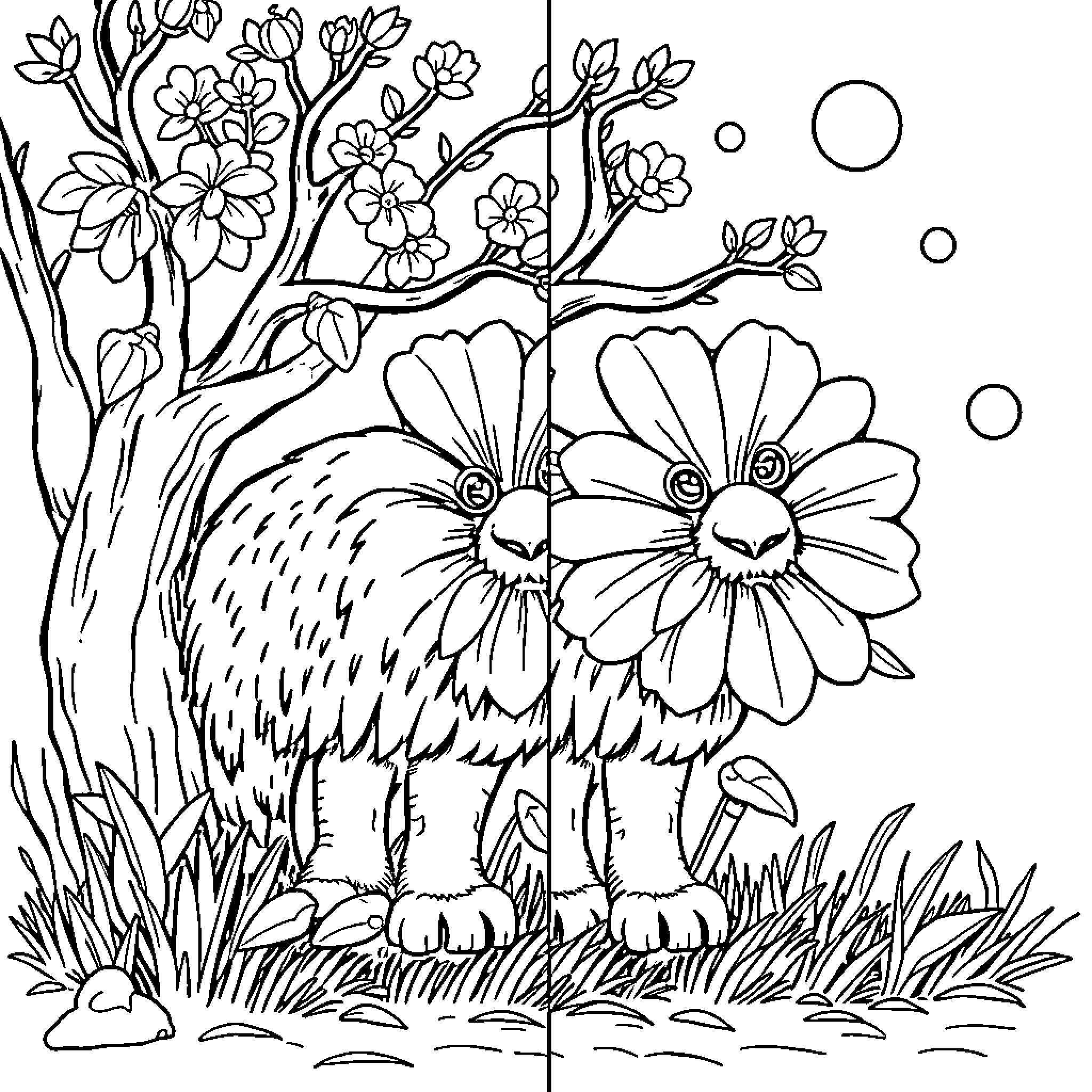 Spot the Difference in Spring Blooms and Fuzzy Companion Coloring Page (free black-and-white line drawing printable PDF for all, from beginners to advanced learners, including children, teens, adults, and seniors)