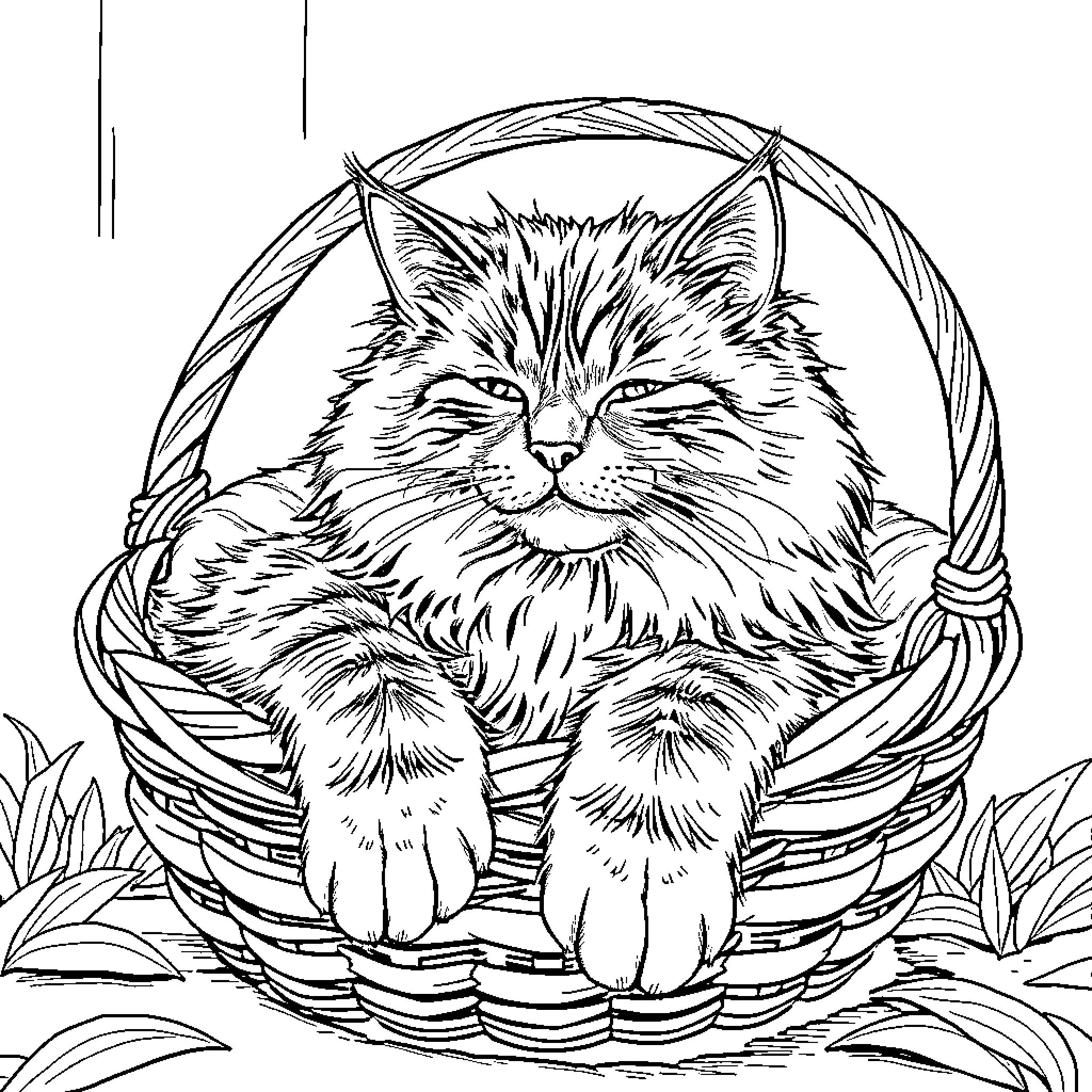 Maine Coon cat relaxing in a wicker basket Coloring Page (free black-and-white line drawing printable PDF for all, from beginners to advanced learners, including children, teens, adults, and seniors)