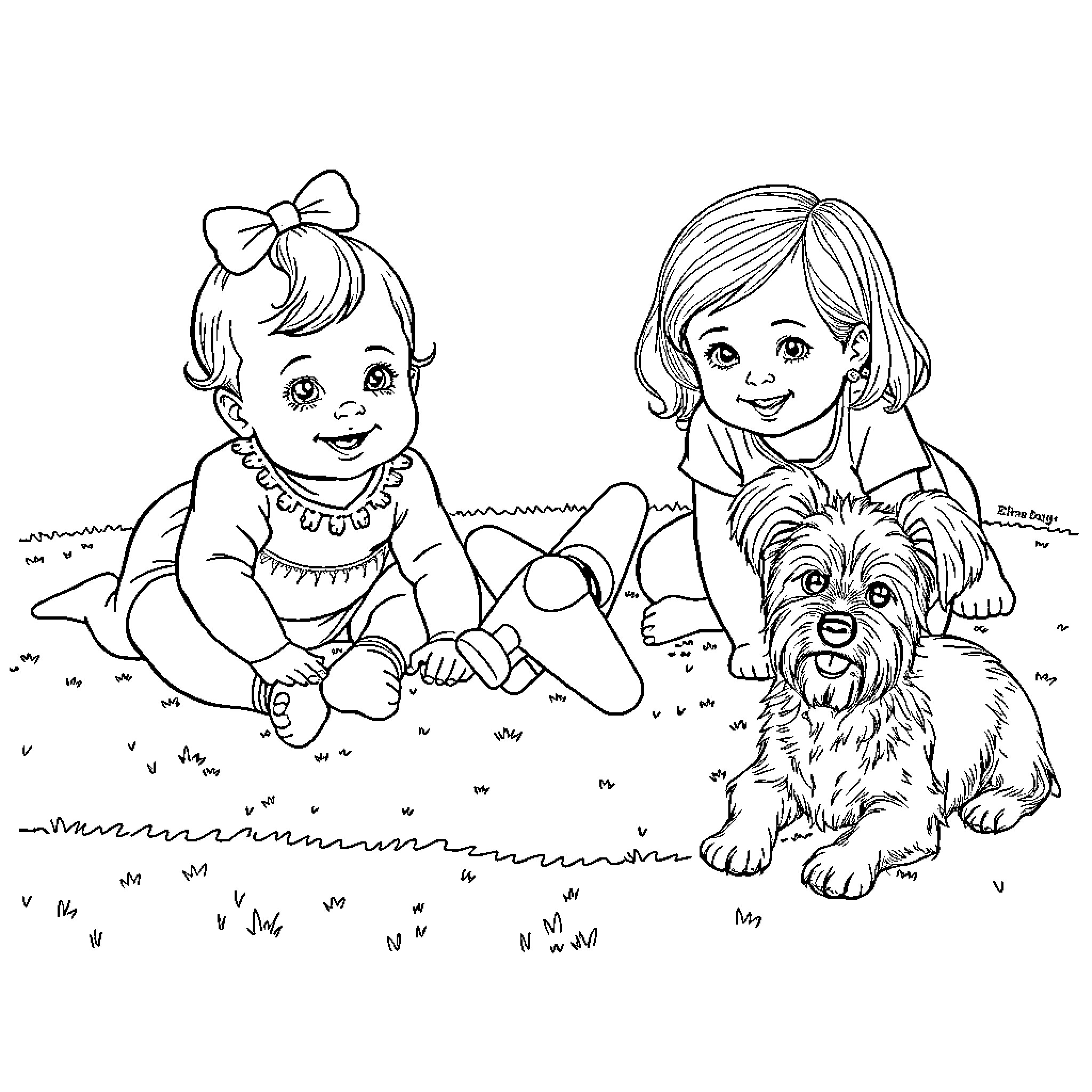 Girls Smiling and Playing with Dog Coloring Page (free black-and-white line drawing printable PDF for all, from beginners to advanced learners, including children, teens, adults, and seniors)