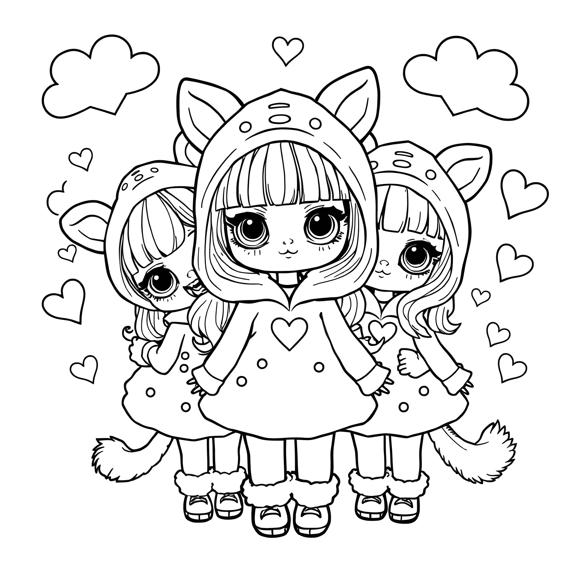 Doll friends in cute animal outfits and happy expressions Coloring Page (free black-and-white line drawing printable PDF for all, from beginners to advanced learners, including children, teens, adults, and seniors)