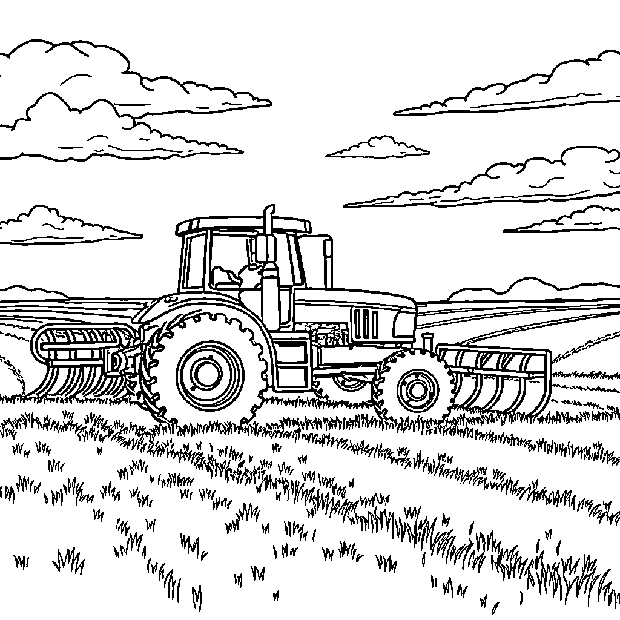Tractor plowing through a grassy field Coloring Page (free black-and-white line drawing printable PDF for all, from beginners to advanced learners, including children, teens, adults, and seniors)