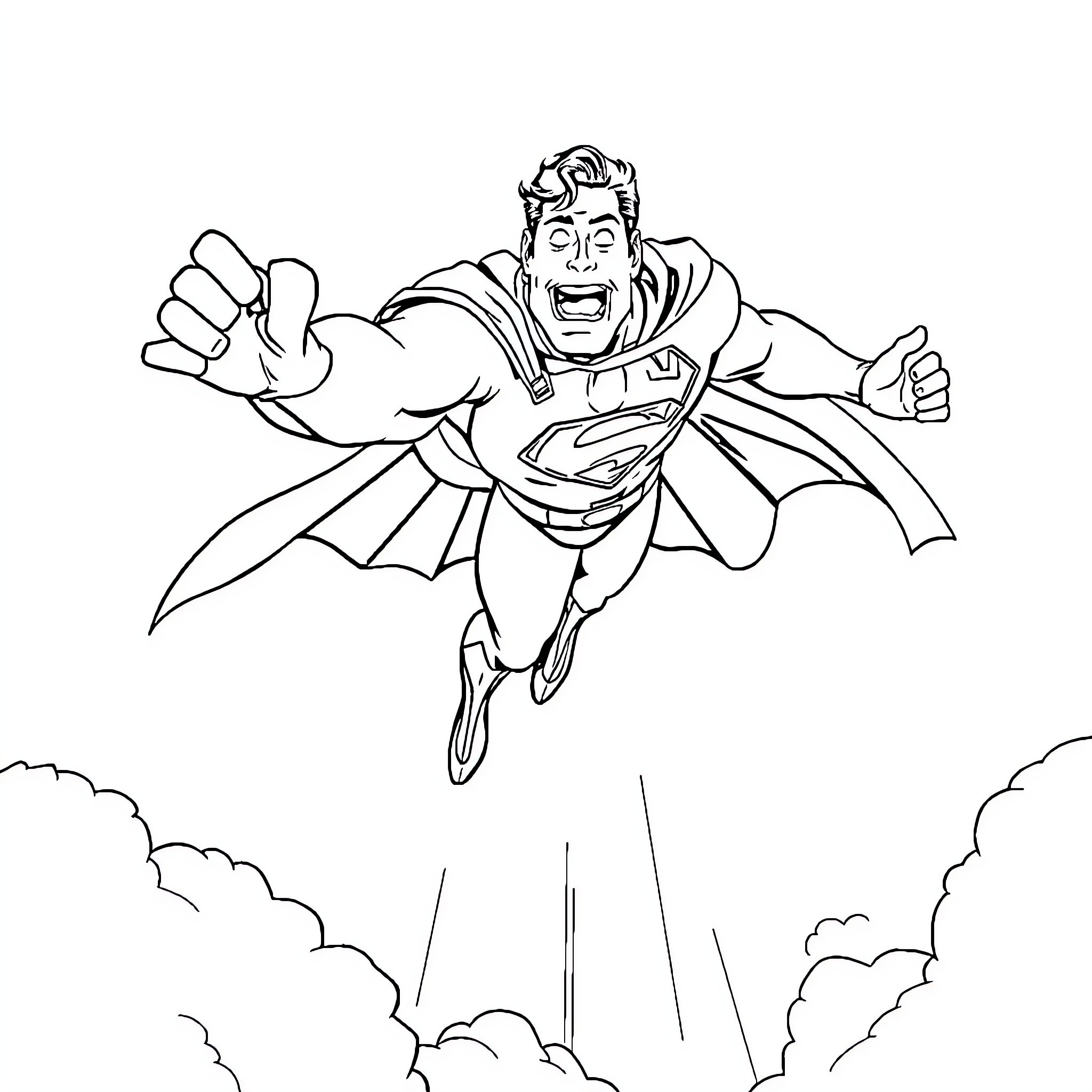 Superman flying in heroic pose Coloring Page (free black-and-white line drawing printable PDF for all, from beginners to advanced learners, including children, teens, adults, and seniors)