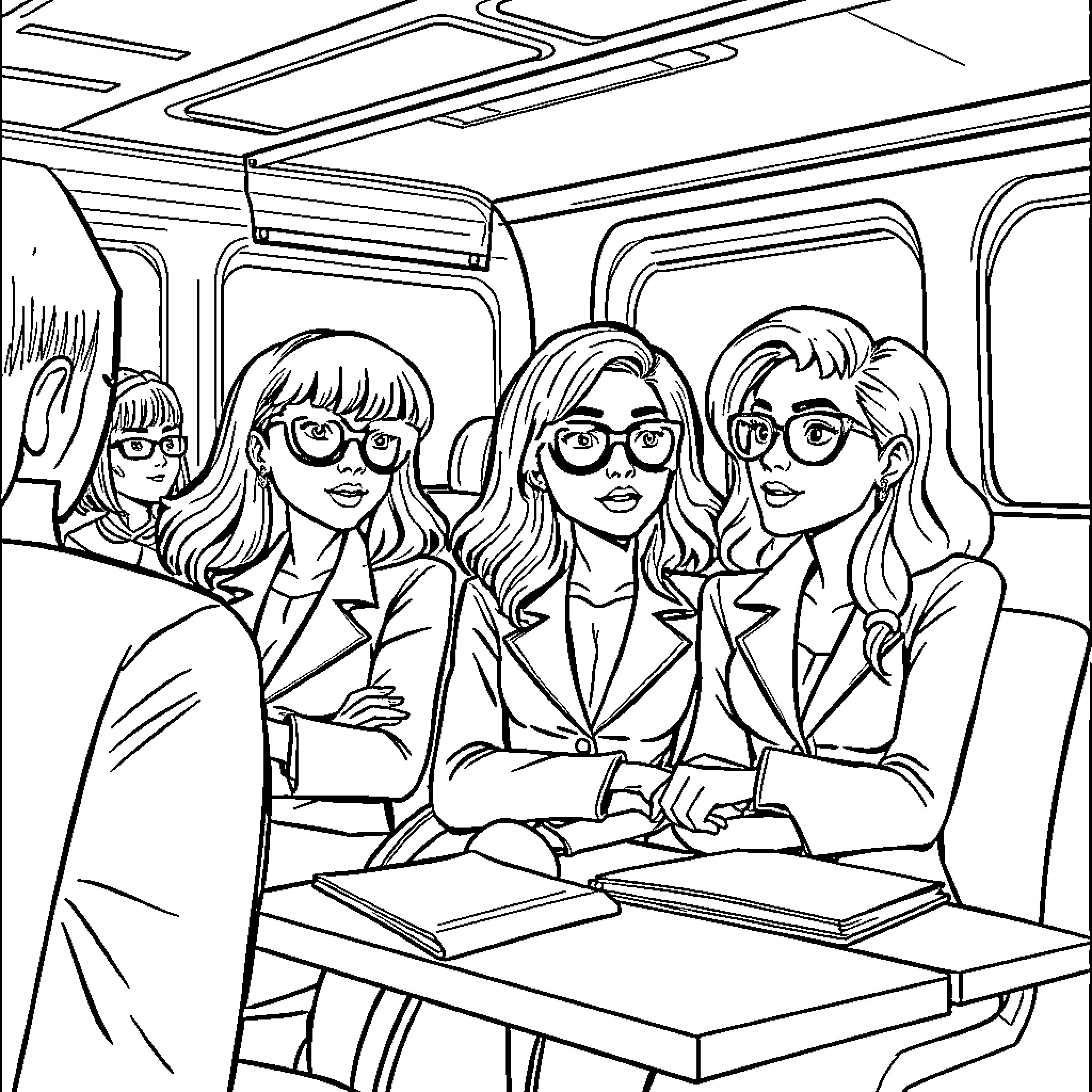 Totally Spies Trio in Classroom Studying Coloring Page (free black-and-white line drawing printable PDF for all, from beginners to advanced learners, including children, teens, adults, and seniors)