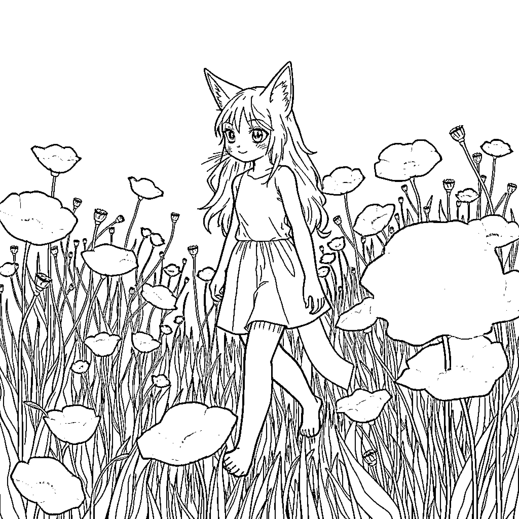 Cat Girl exploring a whimsical mushroom field Coloring Page (free black-and-white line drawing printable PDF for all, from beginners to advanced learners, including children, teens, adults, and seniors)