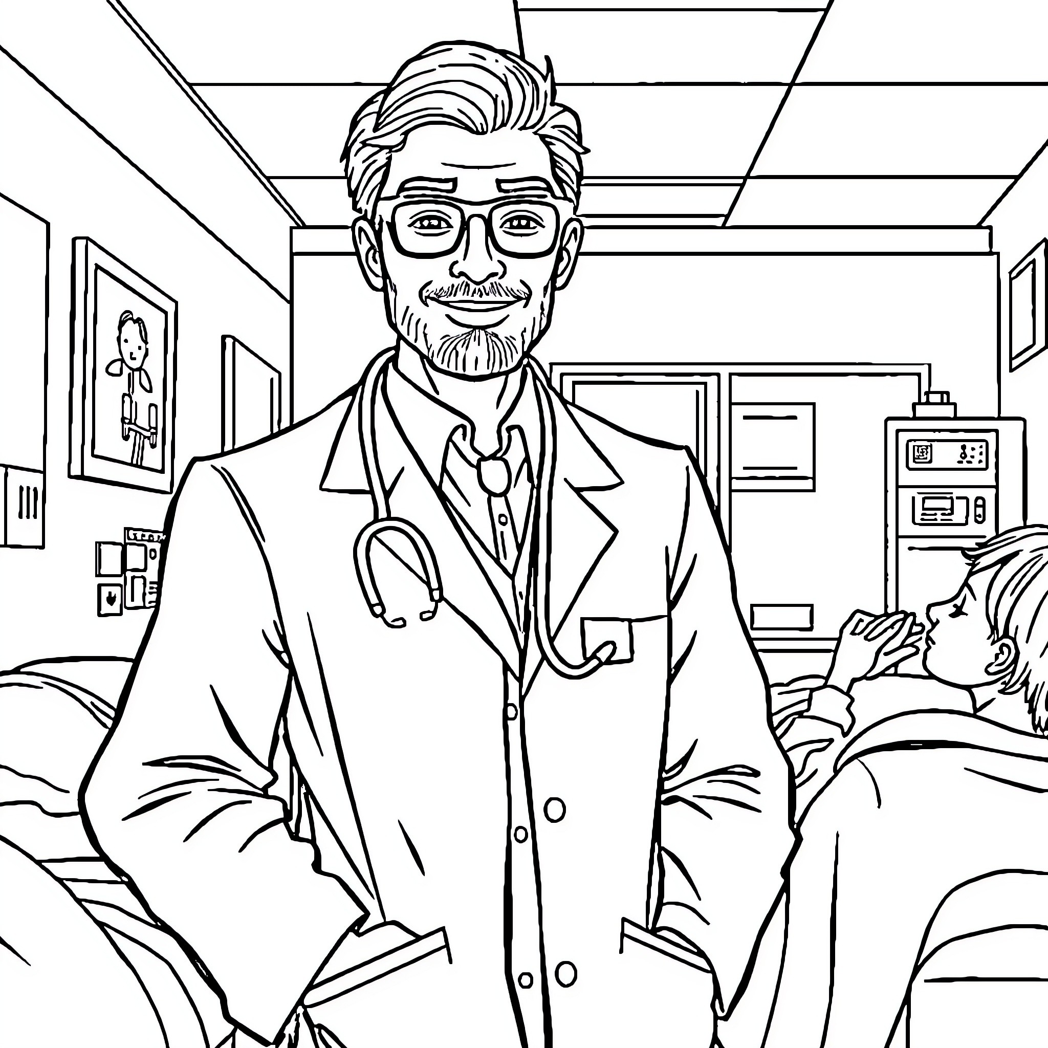 Doctor Examining Patient in Medical Room Coloring Page (free black-and-white line drawing printable PDF for all, from beginners to advanced learners, including children, teens, adults, and seniors)