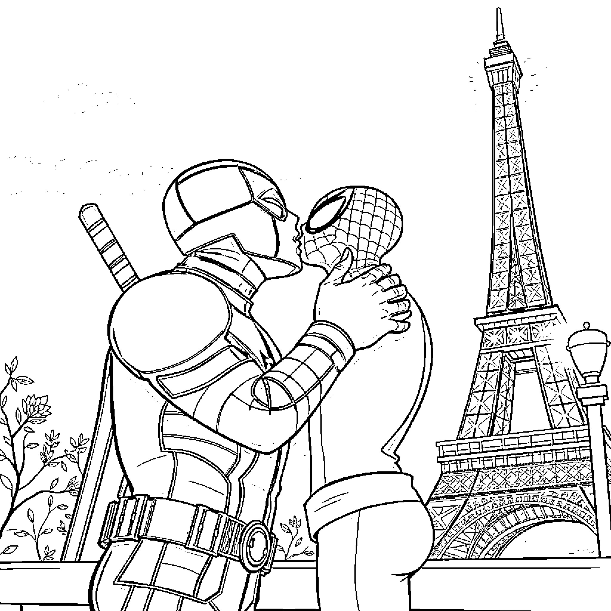 Deadpool's Parisian Adventure Coloring Page (free black-and-white line drawing printable PDF for all, from beginners to advanced learners, including children, teens, adults, and seniors)