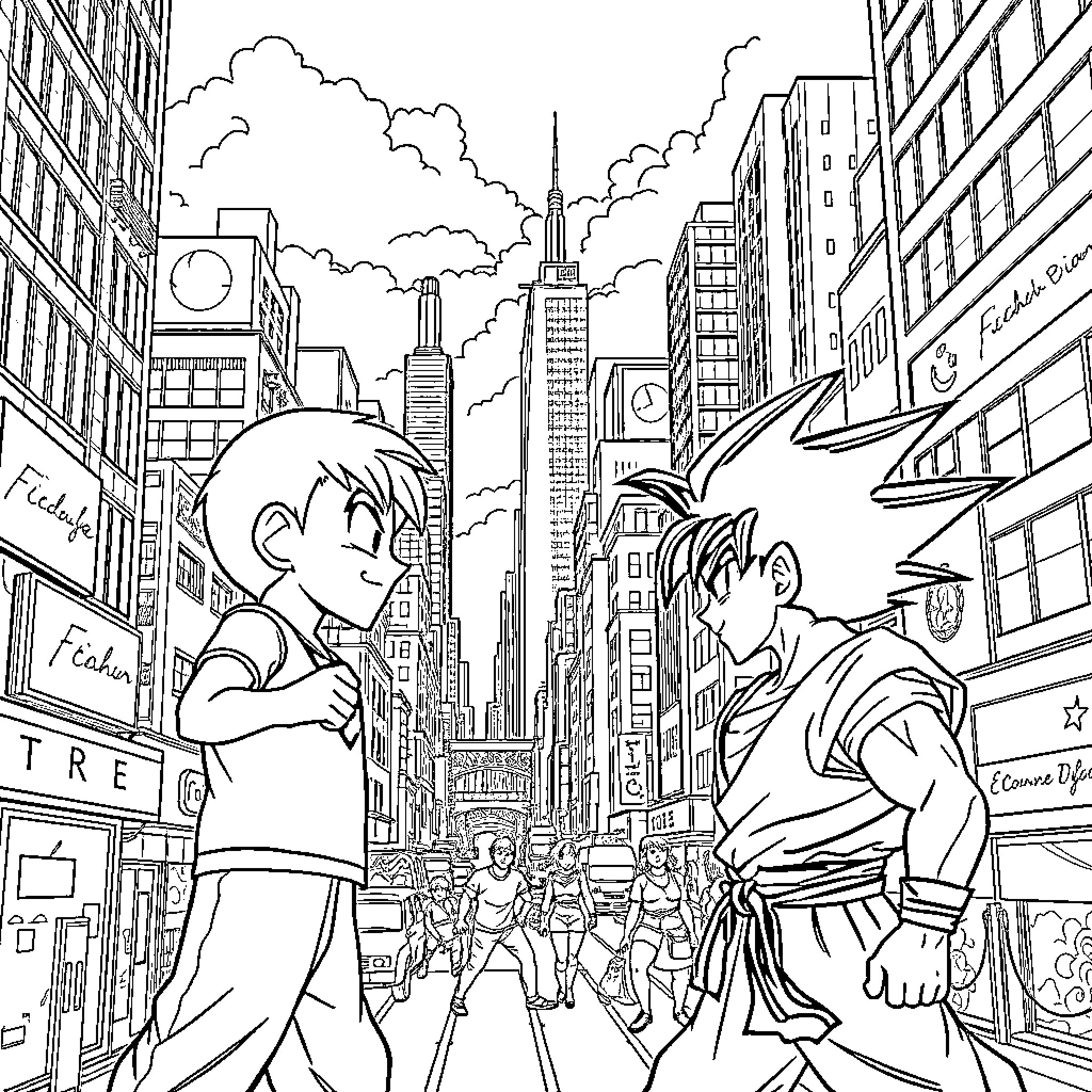 Ben 10 in an Animated City Adventure Coloring Page (free black-and-white line drawing printable PDF for all, from beginners to advanced learners, including children, teens, adults, and seniors)