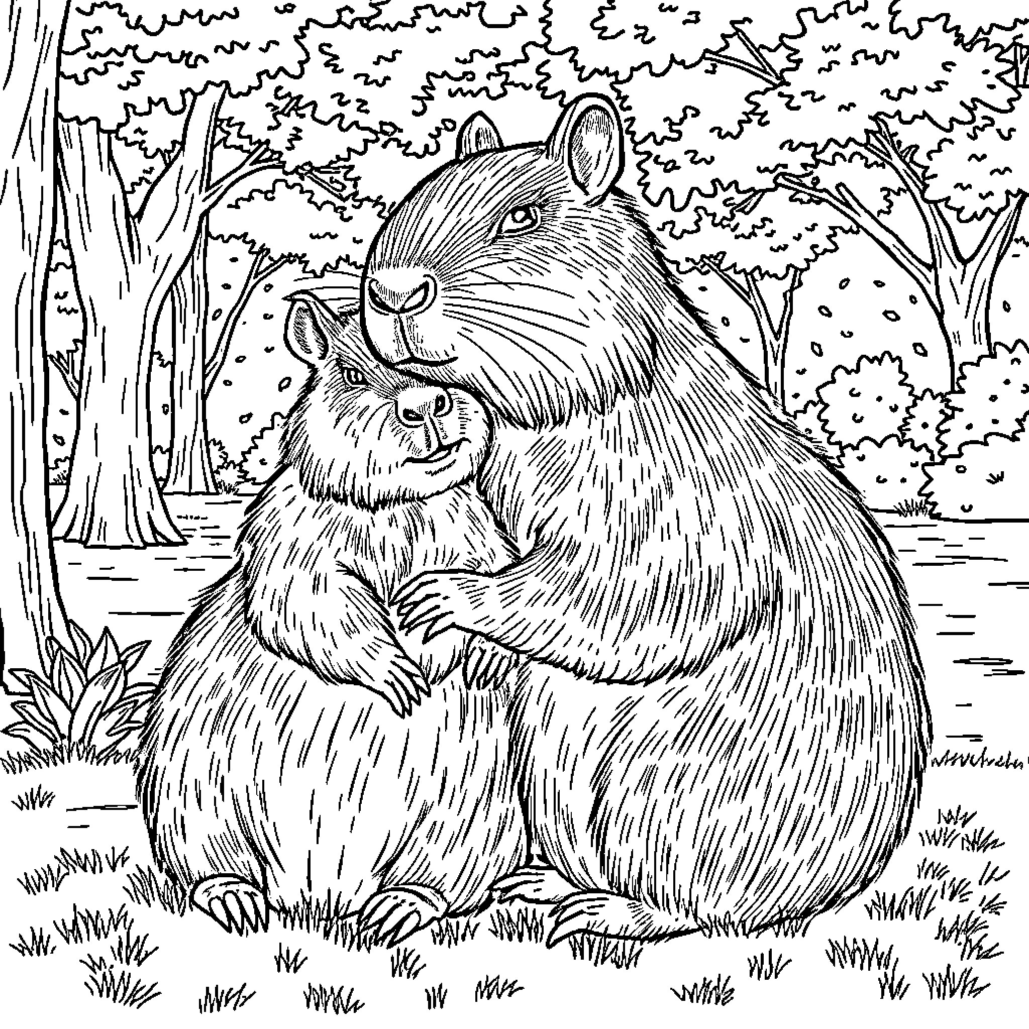 Capybara family enjoying the forest scene Coloring Page (free black-and-white line drawing printable PDF for all, from beginners to advanced learners, including children, teens, adults, and seniors)