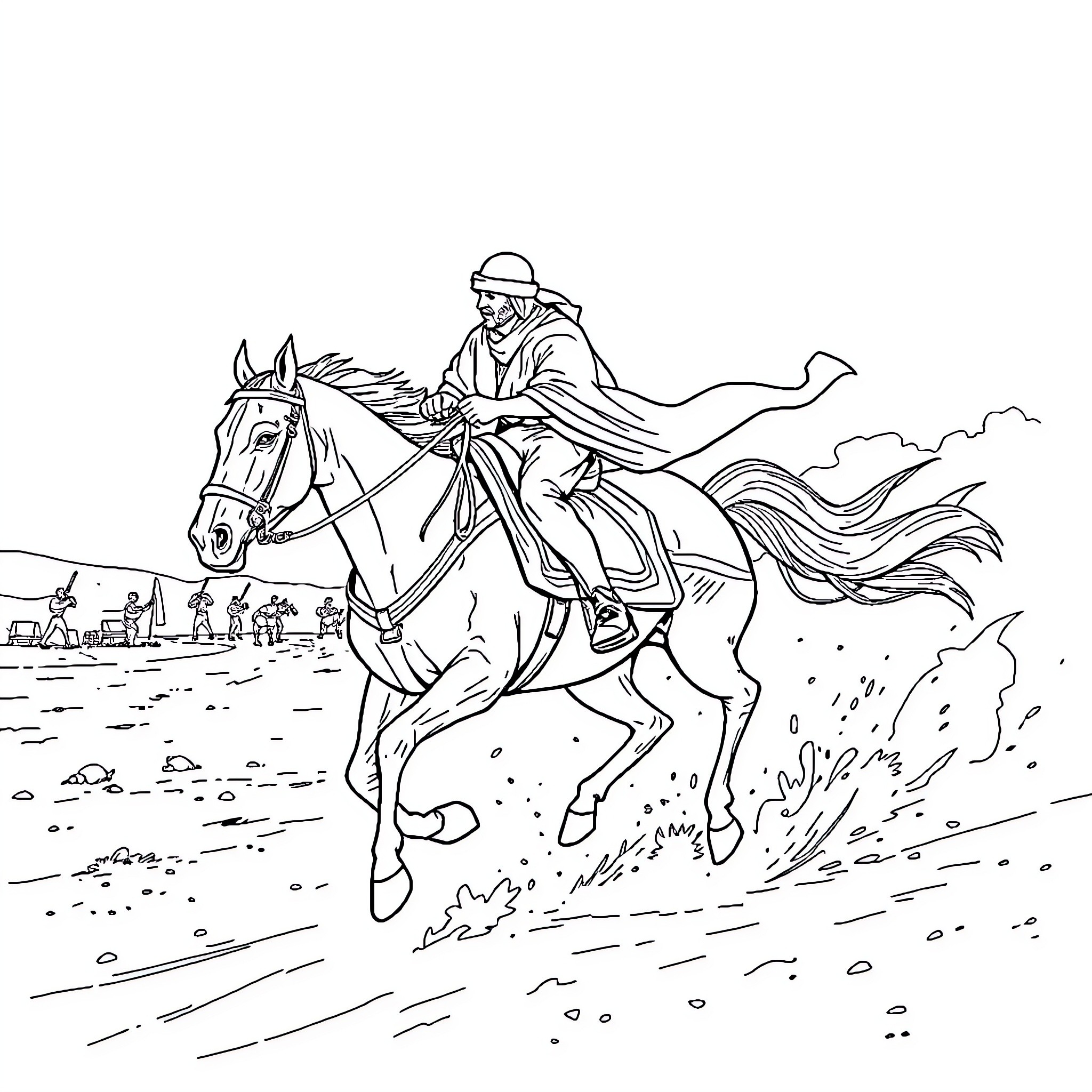Horse rider galloping through the desert Coloring Page (free black-and-white line drawing printable PDF for all, from beginners to advanced learners, including children, teens, adults, and seniors)