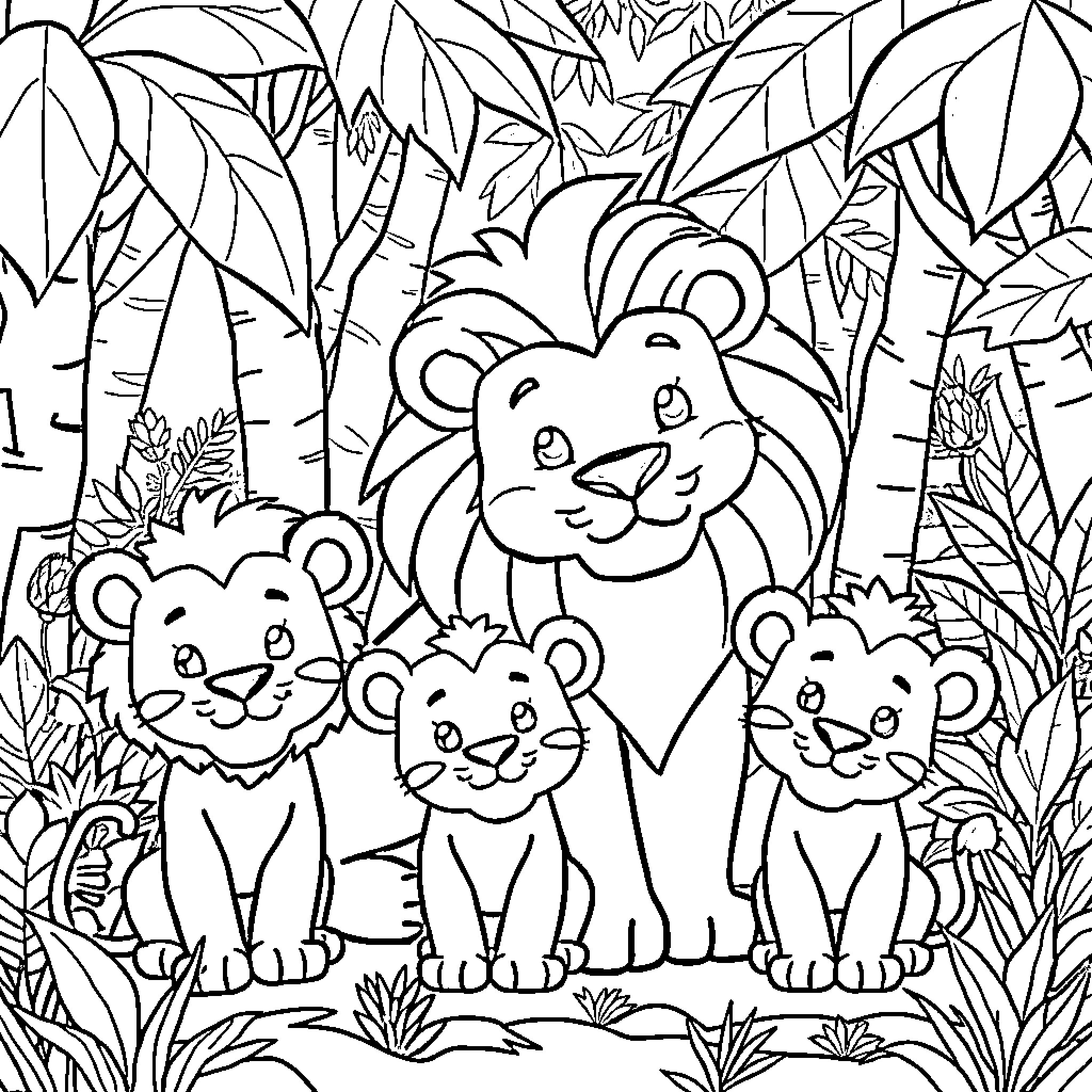 Lion family in the jungle Coloring Page (free black-and-white line drawing printable PDF for all, from beginners to advanced learners, including children, teens, adults, and seniors)