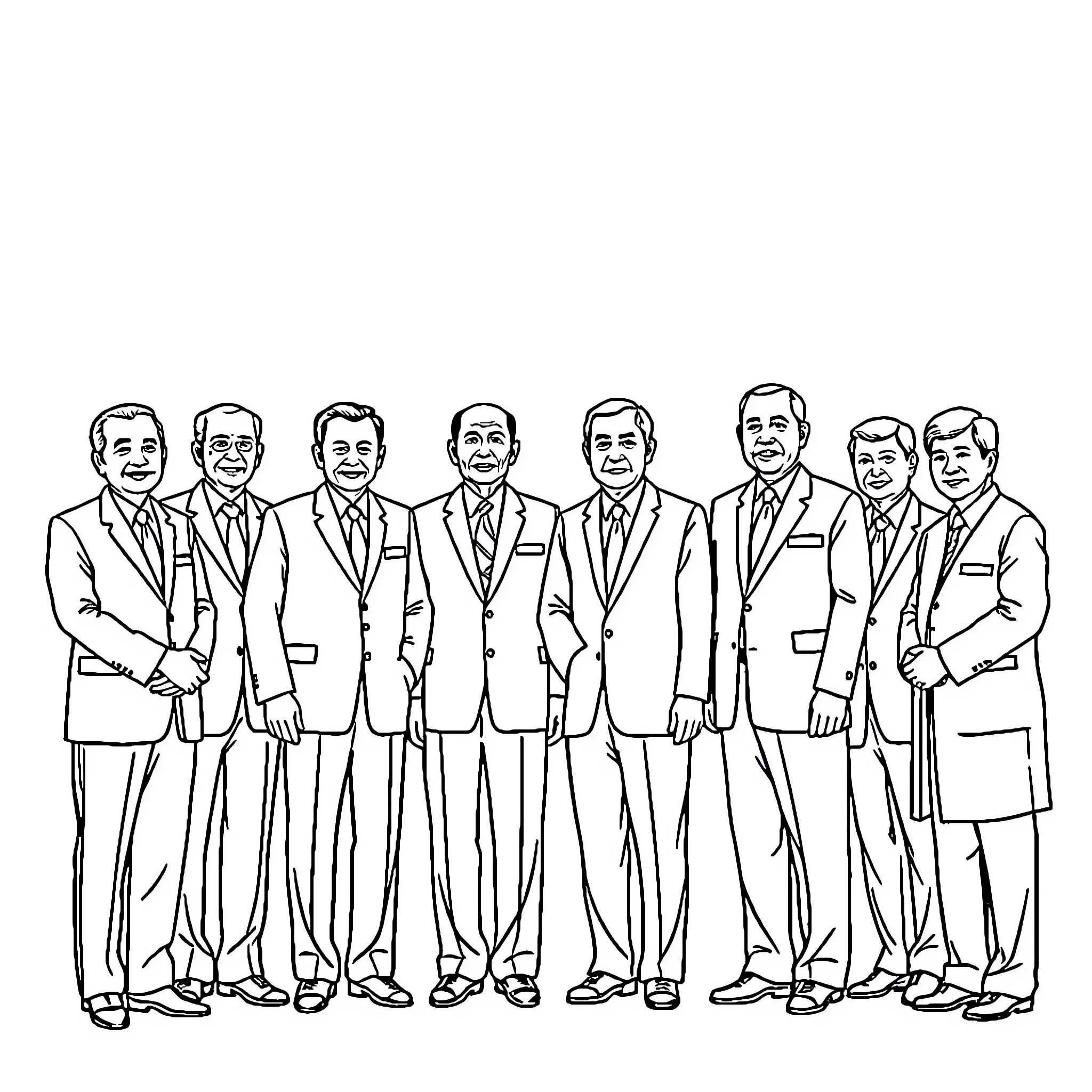 President and Associates in Formal Attire Coloring Page (free black-and-white line drawing printable PDF for all, from beginners to advanced learners, including children, teens, adults, and seniors)