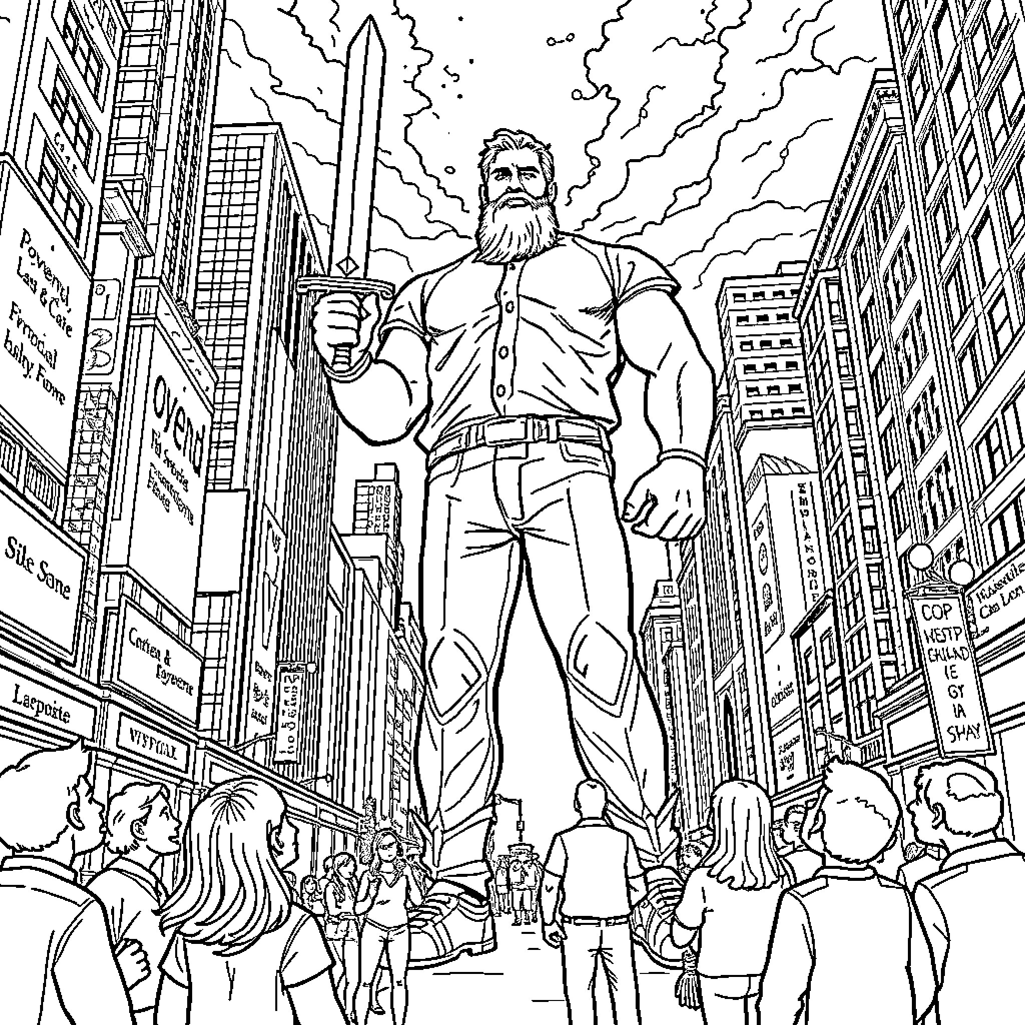 Giant Man Towers Over a Bustling City Street Coloring Page (free black-and-white line drawing printable PDF for all, from beginners to advanced learners, including children, teens, adults, and seniors)