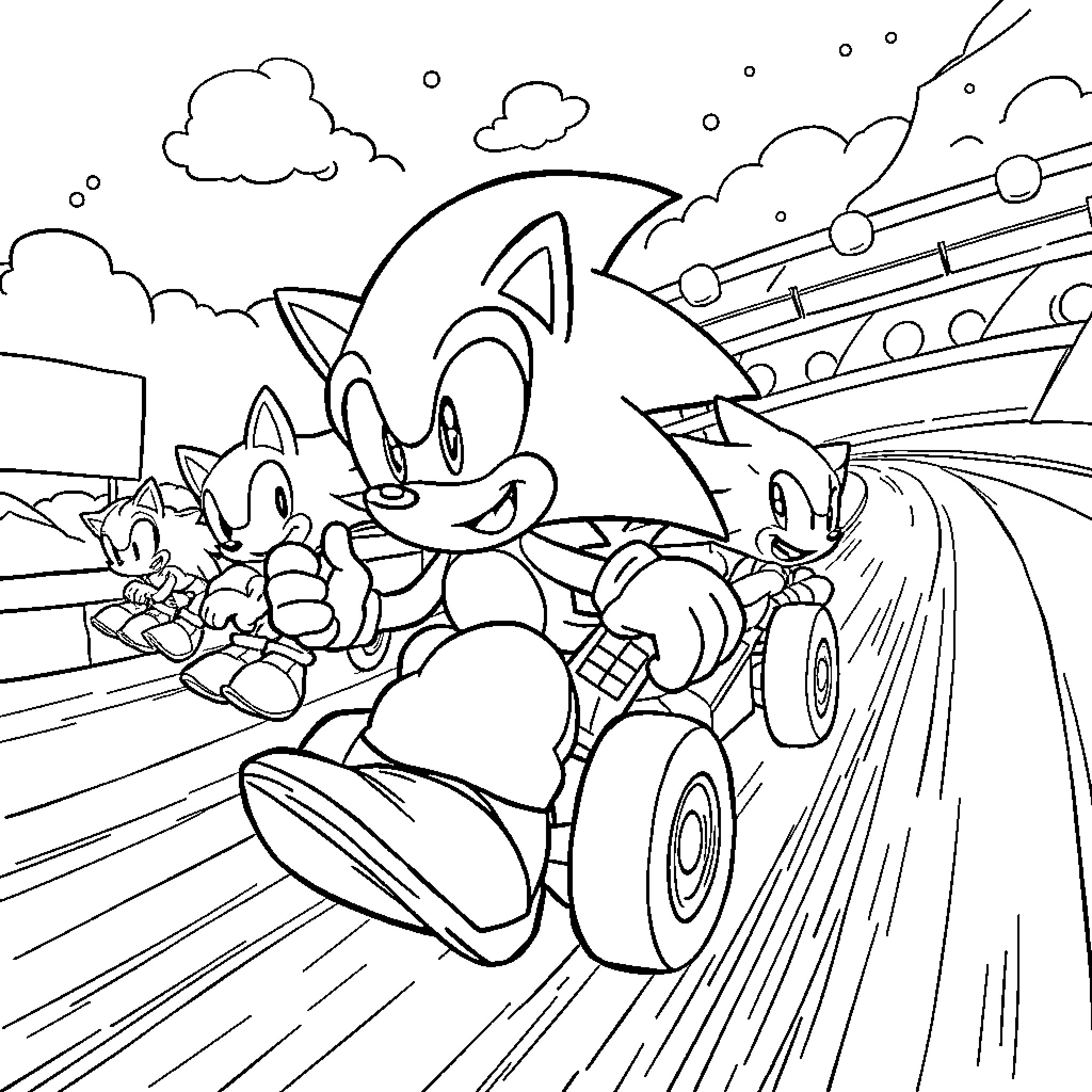 Sonic racing with friends in the high-speed adventure Coloring Page (free black-and-white line drawing printable PDF for all, from beginners to advanced learners, including children, teens, adults, and seniors)