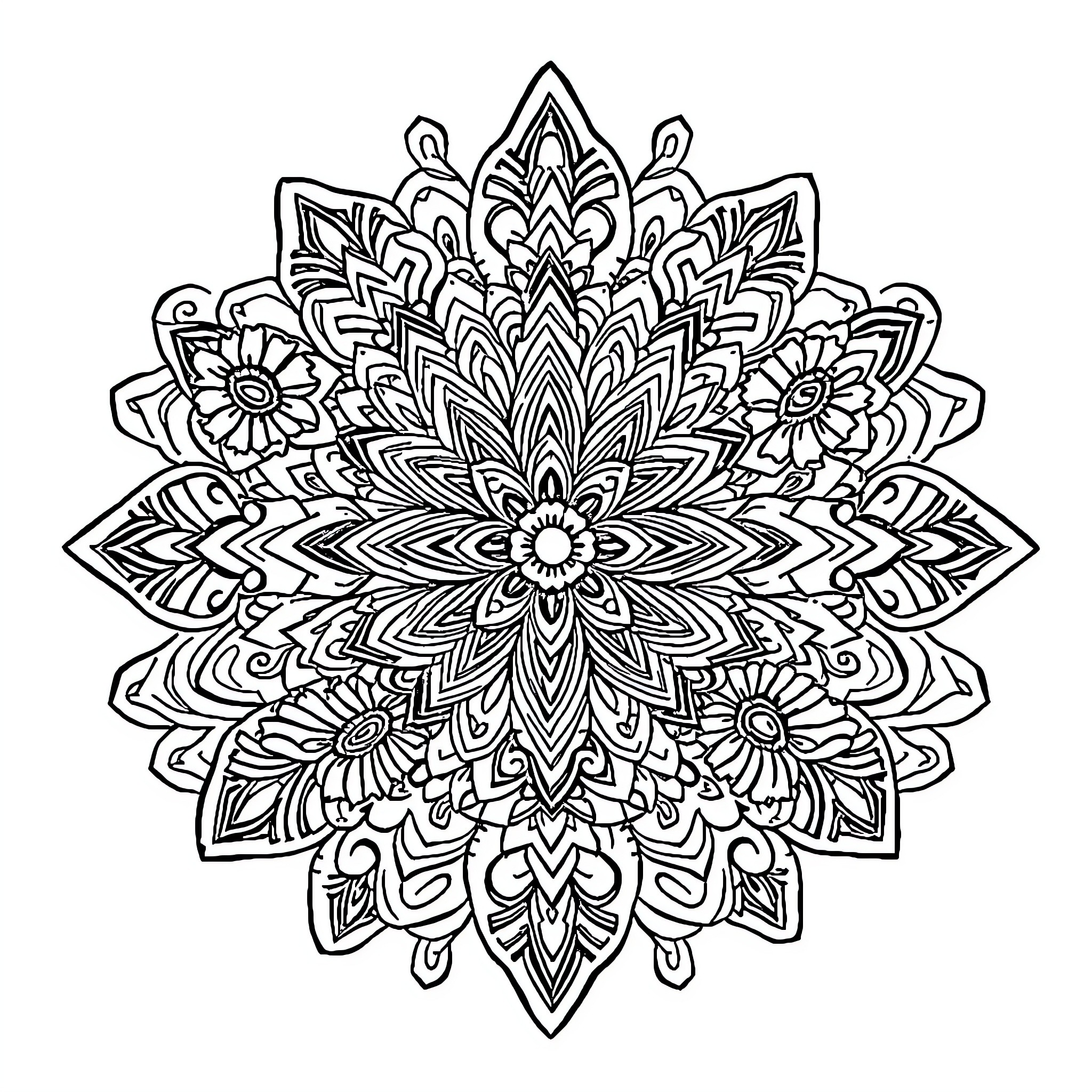 Tajeo Abstract Floral Mandala Pattern Coloring Page (free black-and-white line drawing printable PDF for all, from beginners to advanced learners, including children, teens, adults, and seniors)