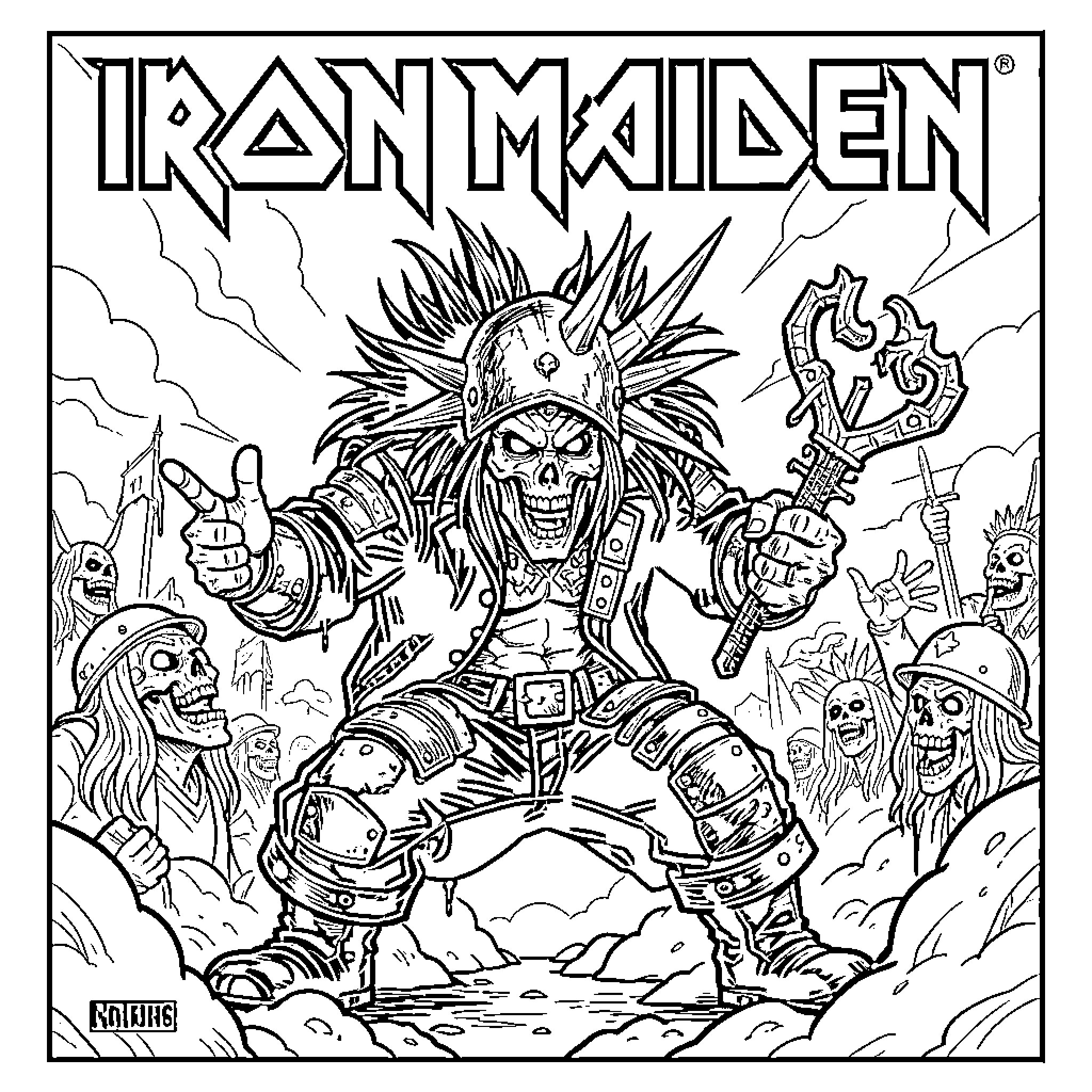 Iron Maiden skeletal warrior holding a staff amidst a crowd Coloring Page (free black-and-white line drawing printable PDF for all, from beginners to advanced learners, including children, teens, adults, and seniors)