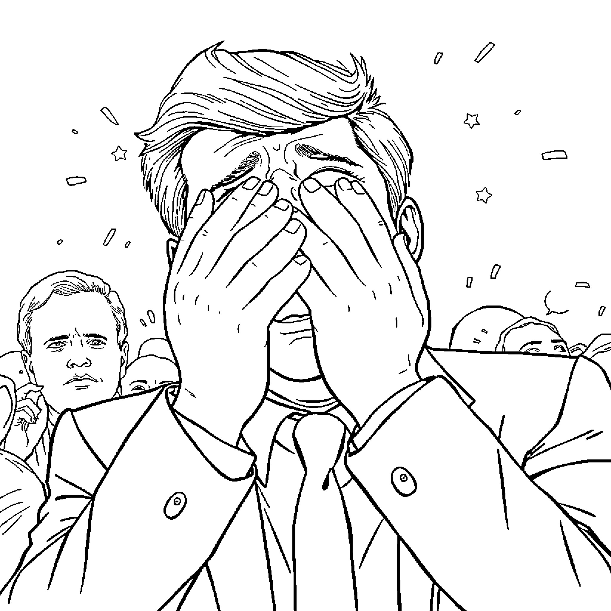 Charlie Kirk covering his face in distress Coloring Page (free black-and-white line drawing printable PDF for all, from beginners to advanced learners, including children, teens, adults, and seniors)