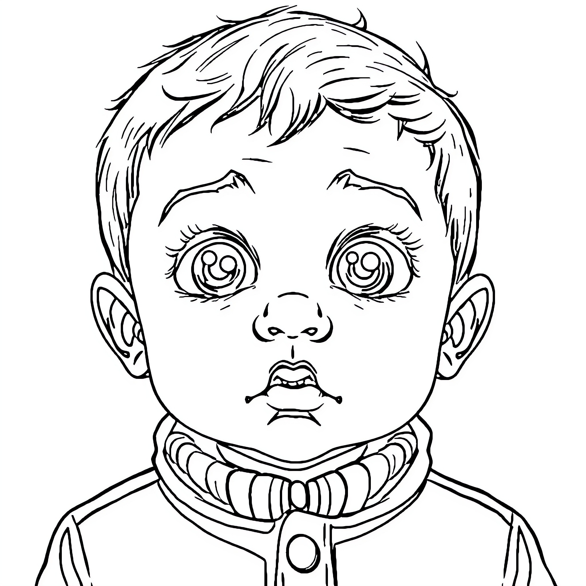 Niño with surprised expression in uniform Coloring Page (free black-and-white line drawing printable PDF for all, from beginners to advanced learners, including children, teens, adults, and seniors)