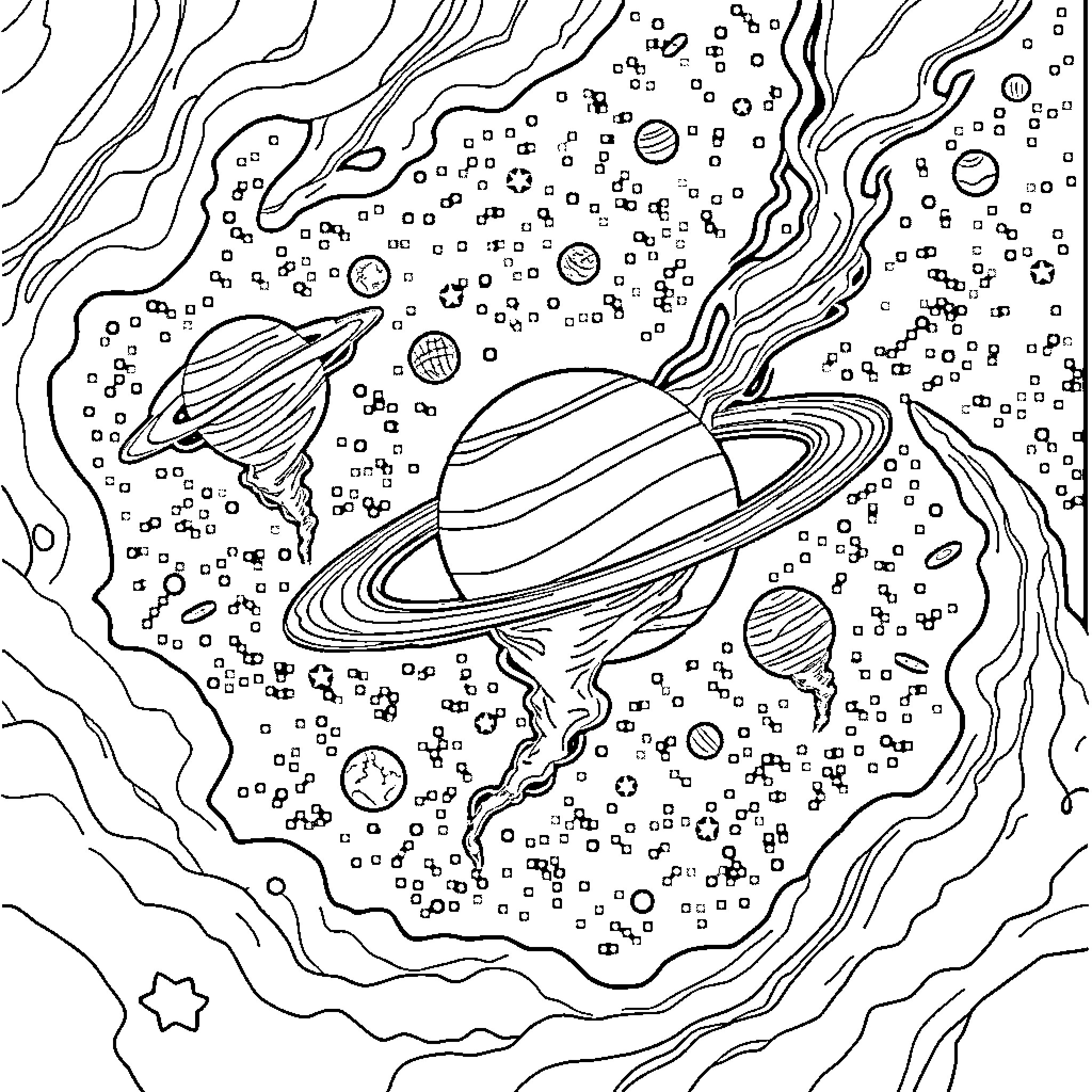 Solar System with Swirling Planets and Stars Coloring Page (free black-and-white line drawing printable PDF for all, from beginners to advanced learners, including children, teens, adults, and seniors)