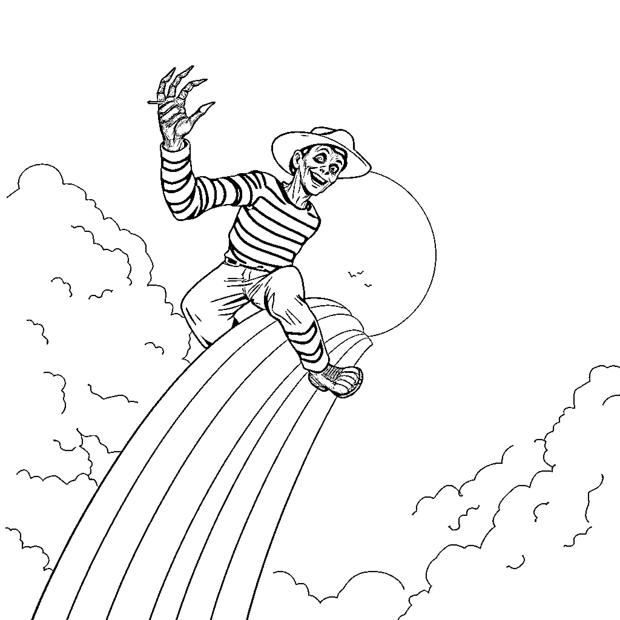 Freddy Krueger soaring through the sky Coloring Page (free black-and-white line drawing printable PDF for all, from beginners to advanced learners, including children, teens, adults, and seniors)