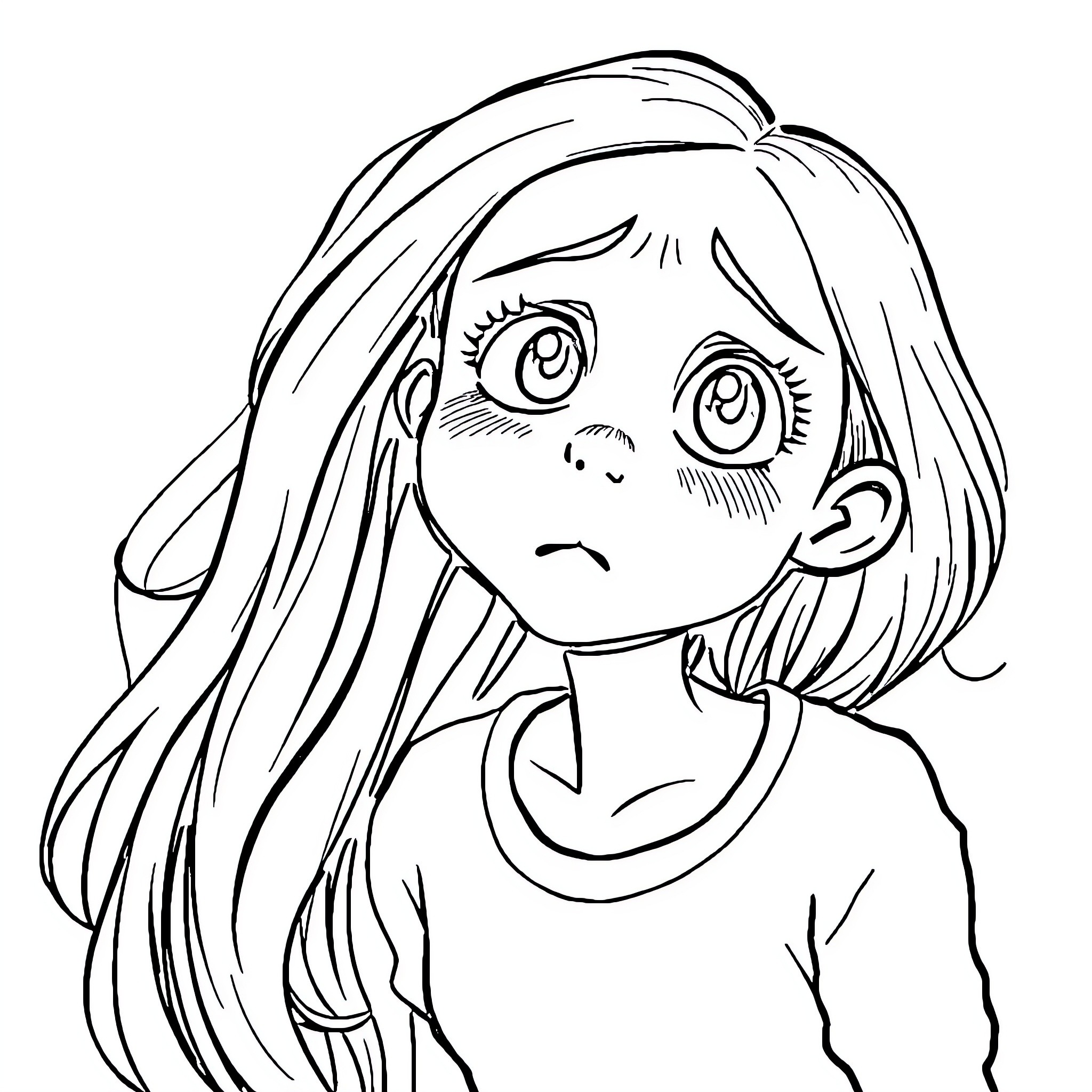 Girl with Sad Facial Expression Coloring Page (free black-and-white line drawing printable PDF for all, from beginners to advanced learners, including children, teens, adults, and seniors)