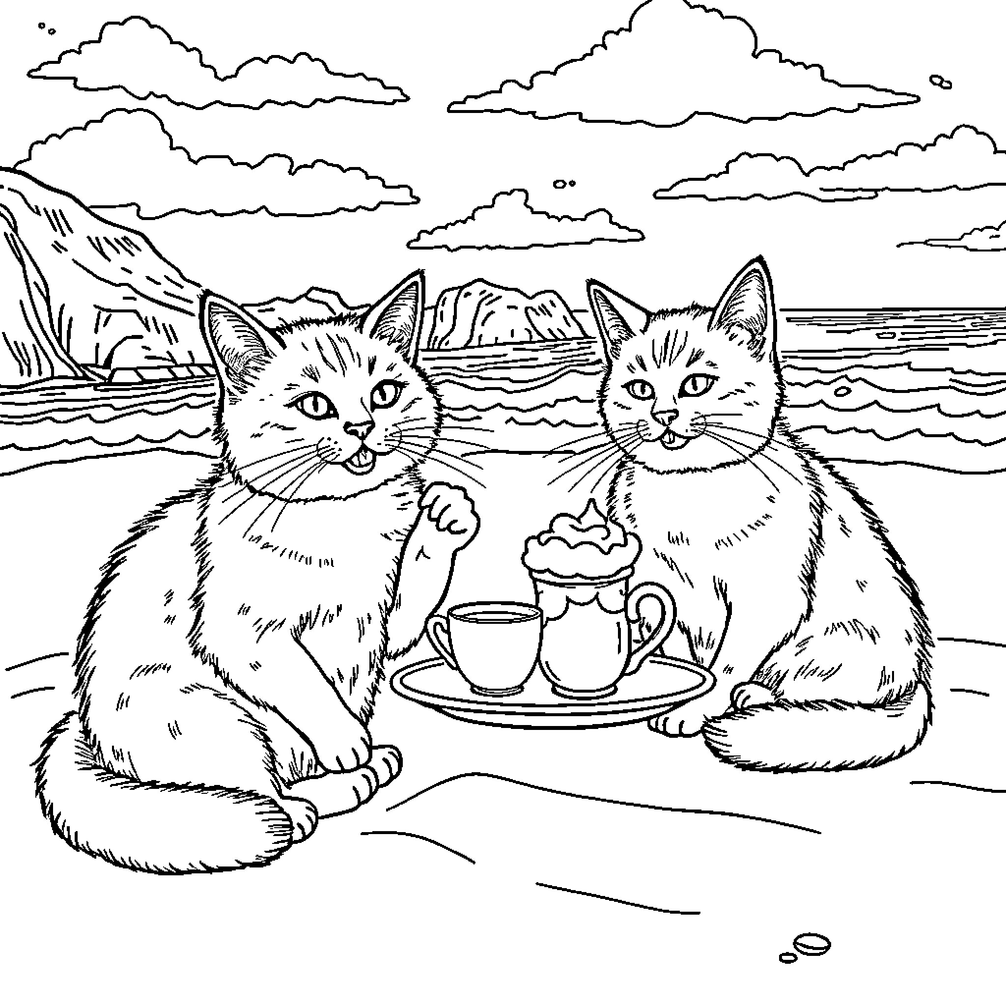 Cats enjoying a seaside picnic Coloring Page (free black-and-white line drawing printable PDF for all, from beginners to advanced learners, including children, teens, adults, and seniors)