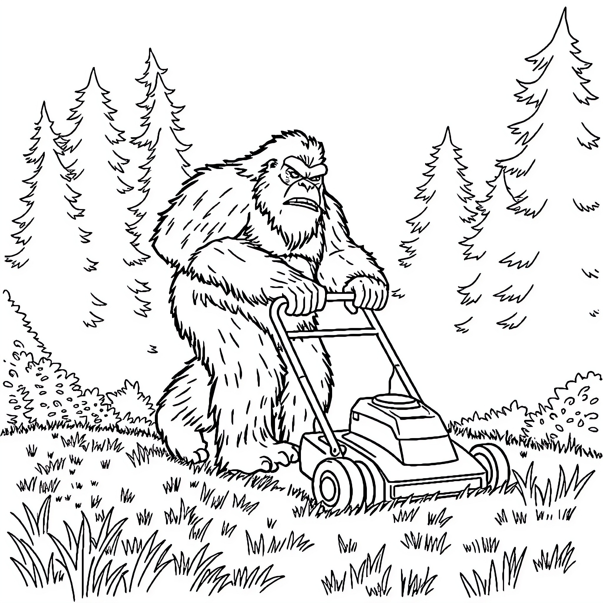 Bigfoot mowing the lawn in the forest Coloring Page (free black-and-white line drawing printable PDF for all, from beginners to advanced learners, including children, teens, adults, and seniors)