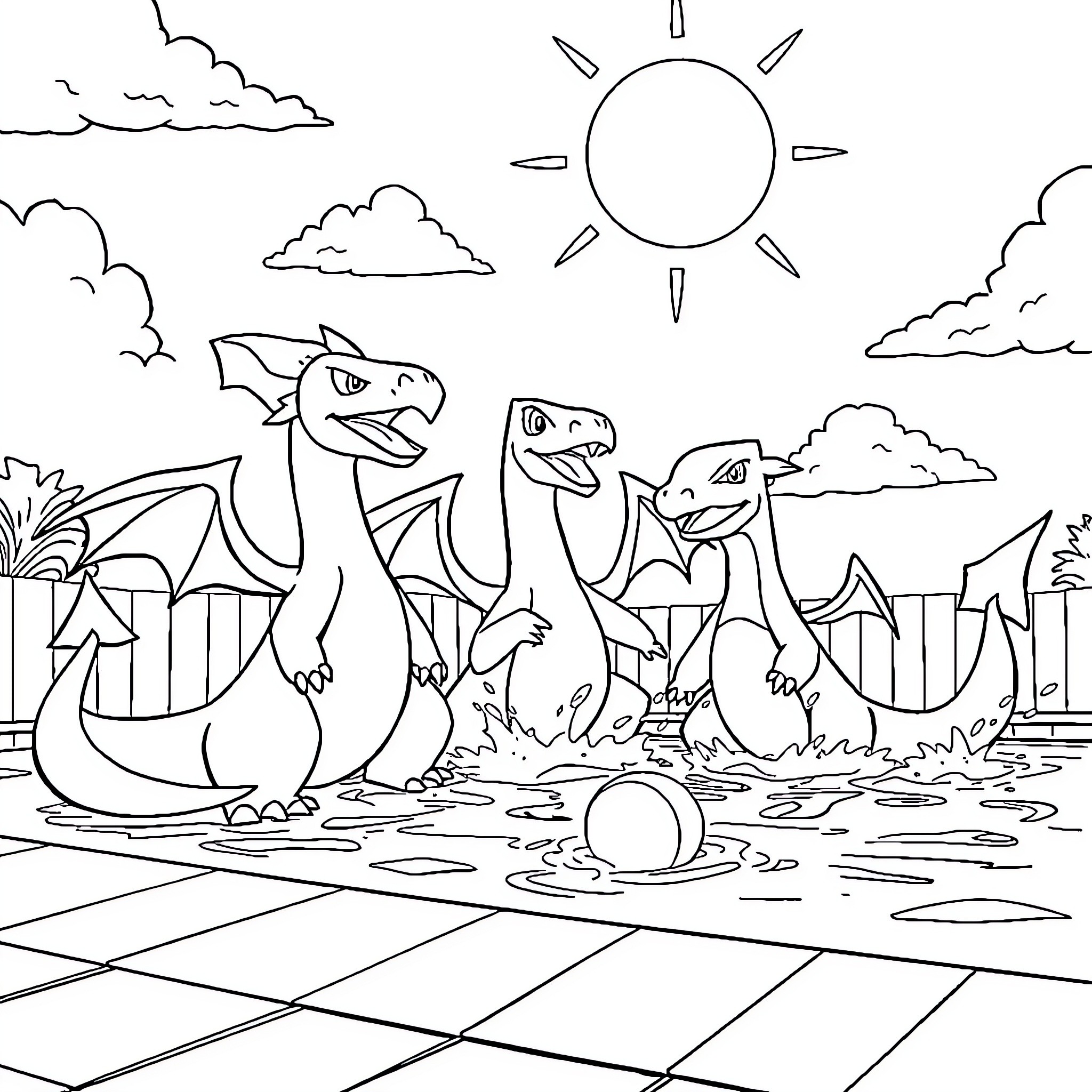 Charizard and friends enjoying a sunny day outdoors Coloring Page (free black-and-white line drawing printable PDF for all, from beginners to advanced learners, including children, teens, adults, and seniors)