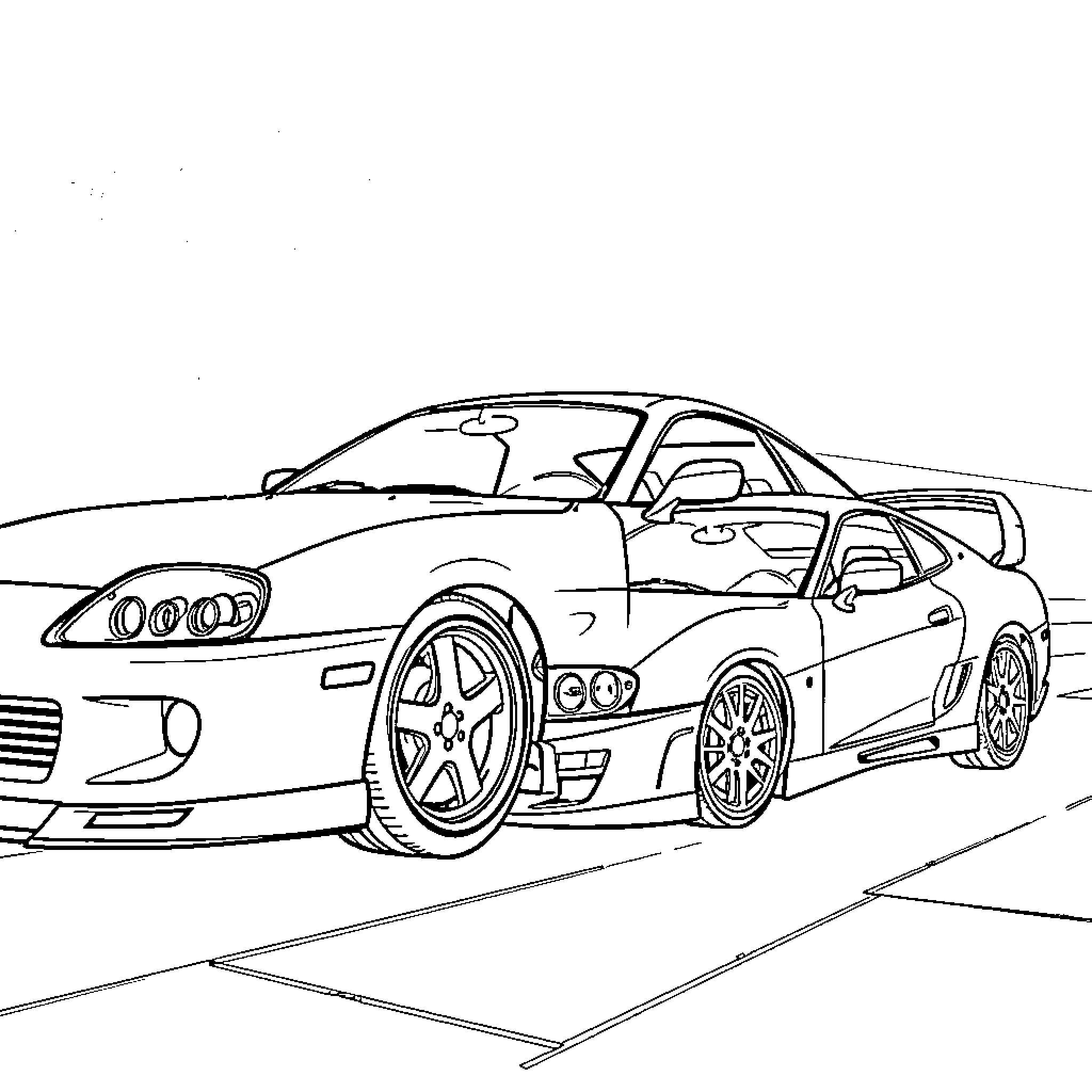 Car speeding down the road Coloring Page (free black-and-white line drawing printable PDF for all, from beginners to advanced learners, including children, teens, adults, and seniors)